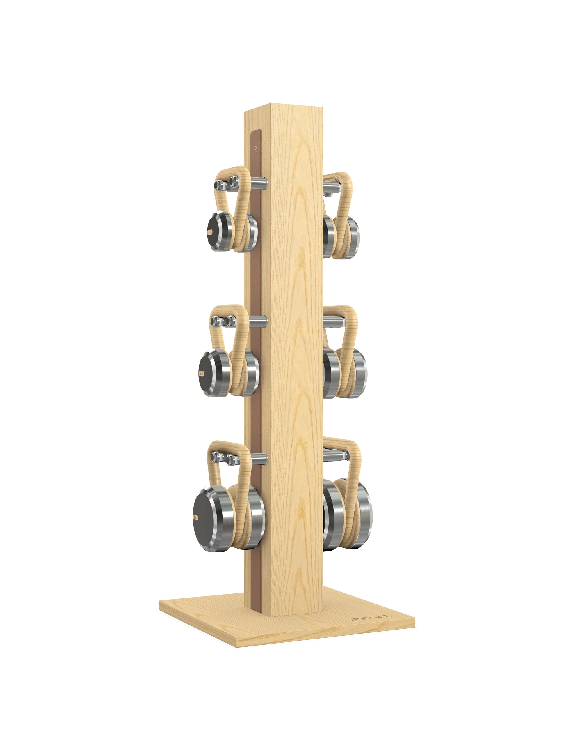 Luxury fitness equipment, 6 luxury kettlebells on vertical wooden stand, handcrafted with stainless steel, premium Italian brown leather and natural ash wood. PENT. LOVA Set 