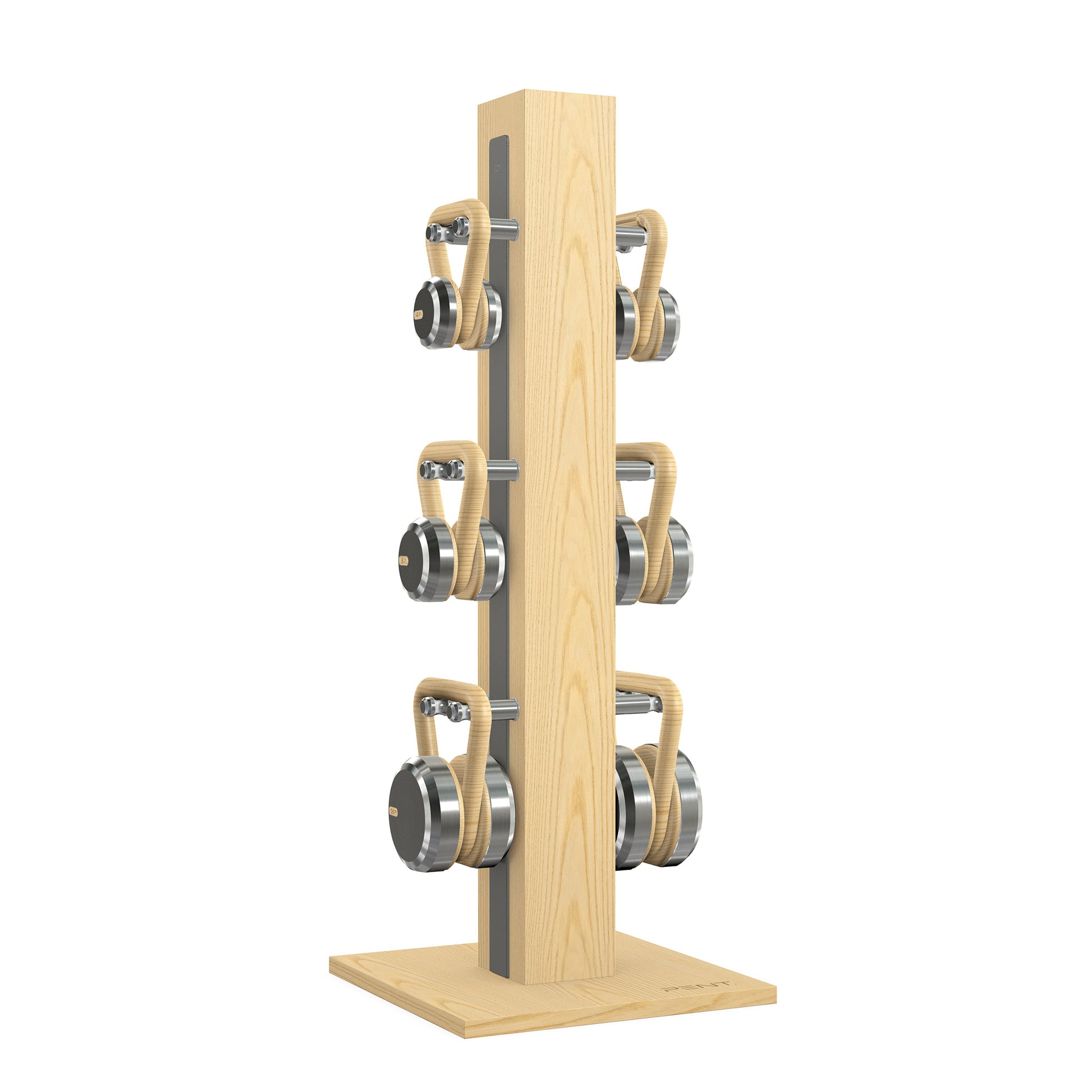 Luxury fitness equipment, 6 luxury kettlebells on vertical wooden stand, handcrafted with stainless steel, premium Italian grey leather and natural ash wood. PENT. LOVA Set 