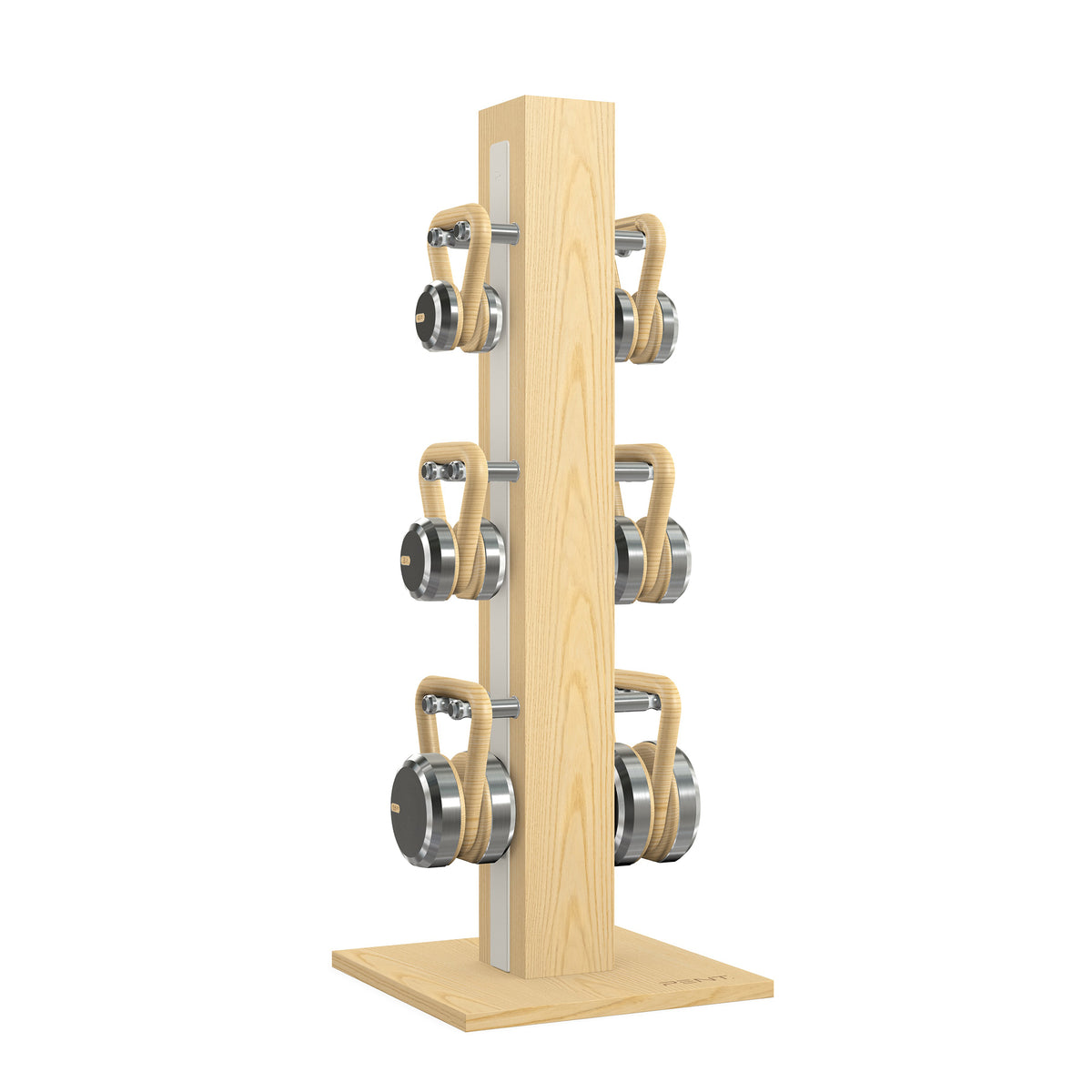 Luxury fitness equipment, 6 luxury kettlebells on vertical wooden stand, handcrafted with stainless steel, premium Italian white leather and natural ash wood. PENT. LOVA Set 