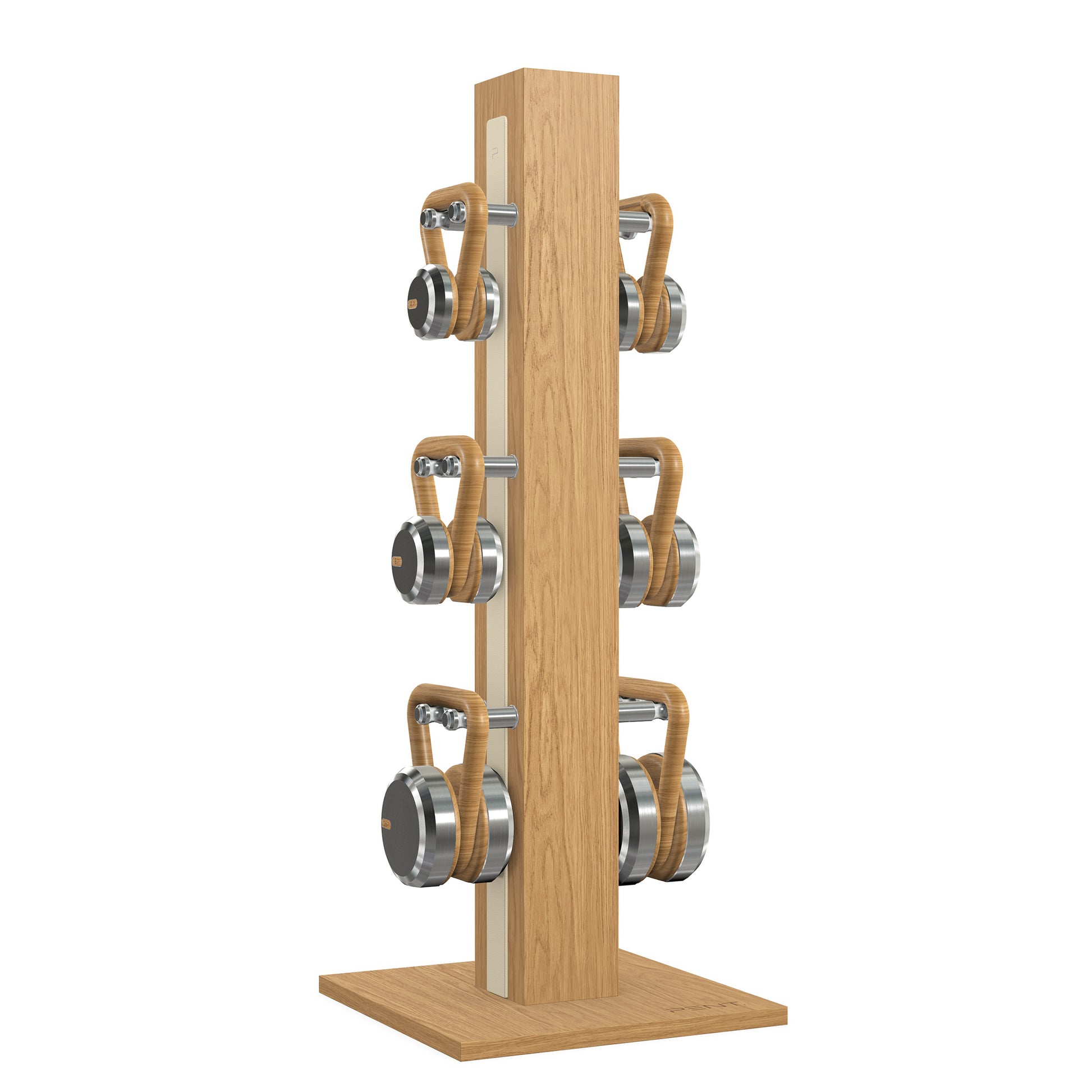 Luxury fitness equipment, 6 luxury kettlebells on vertical wooden stand, handcrafted with stainless steel, premium Italian beige leather and oak wood. PENT. LOVA Set 