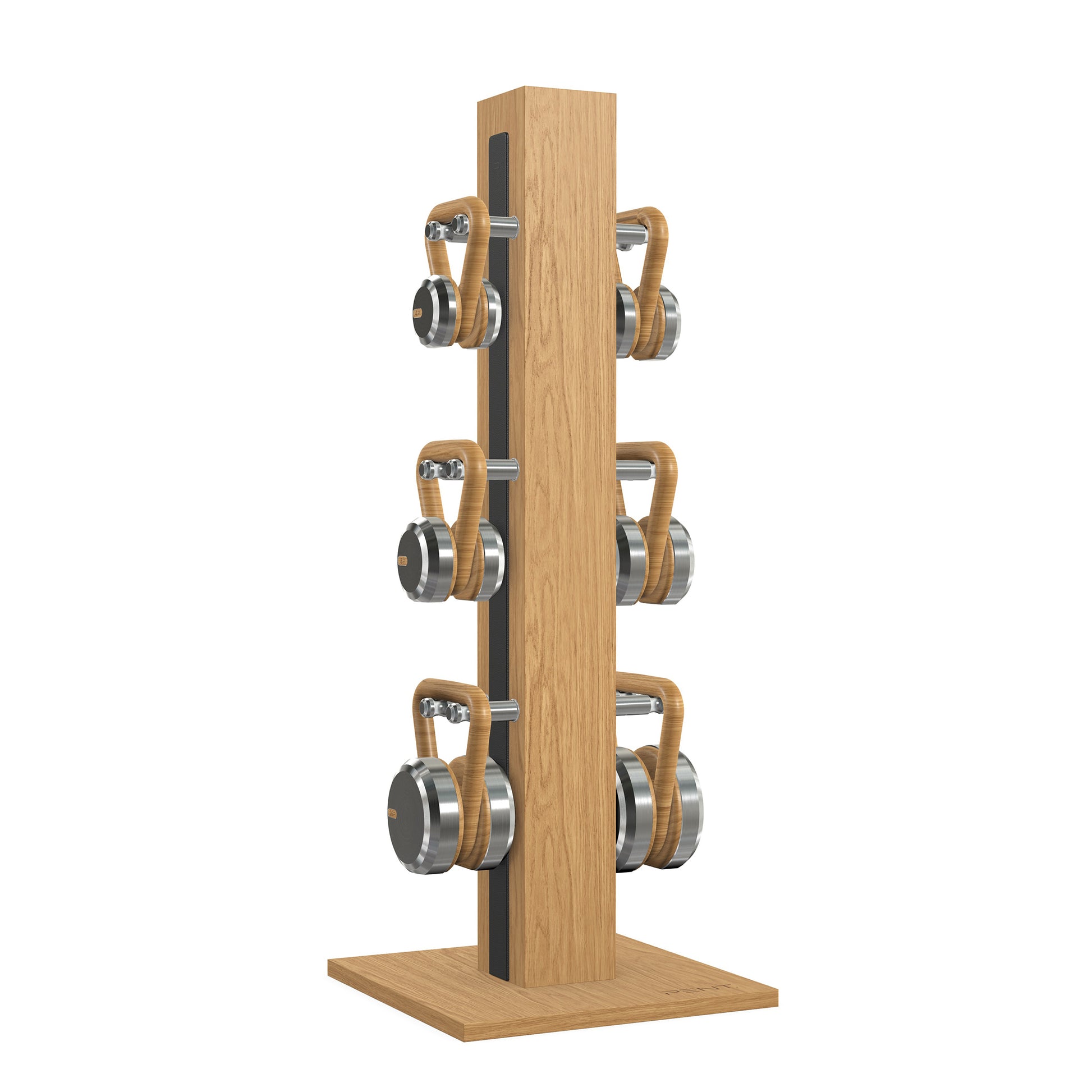 Luxury fitness equipment, 6 luxury kettlebells on vertical wooden stand, handcrafted with stainless steel, premium Italian black leather and oak wood. PENT. LOVA Set 