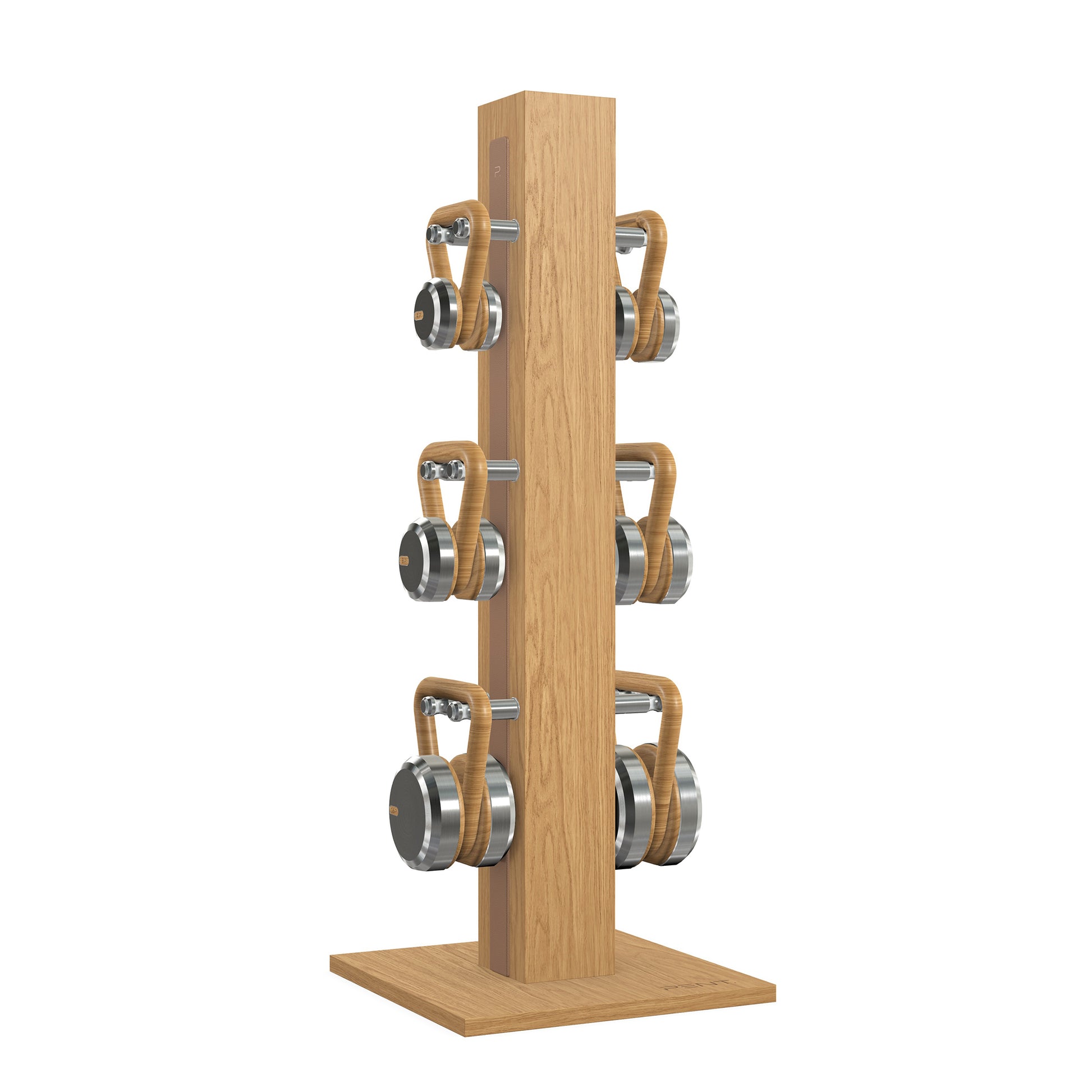 Luxury fitness equipment, 6 luxury kettlebells on vertical wooden stand, handcrafted with stainless steel, premium Italian brown leather and oak wood. PENT. LOVA Set 