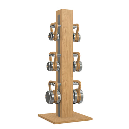 Luxury fitness equipment, 6 luxury kettlebells on vertical wooden stand, handcrafted with stainless steel, premium Italian grey leather and oak wood. PENT. LOVA Set 