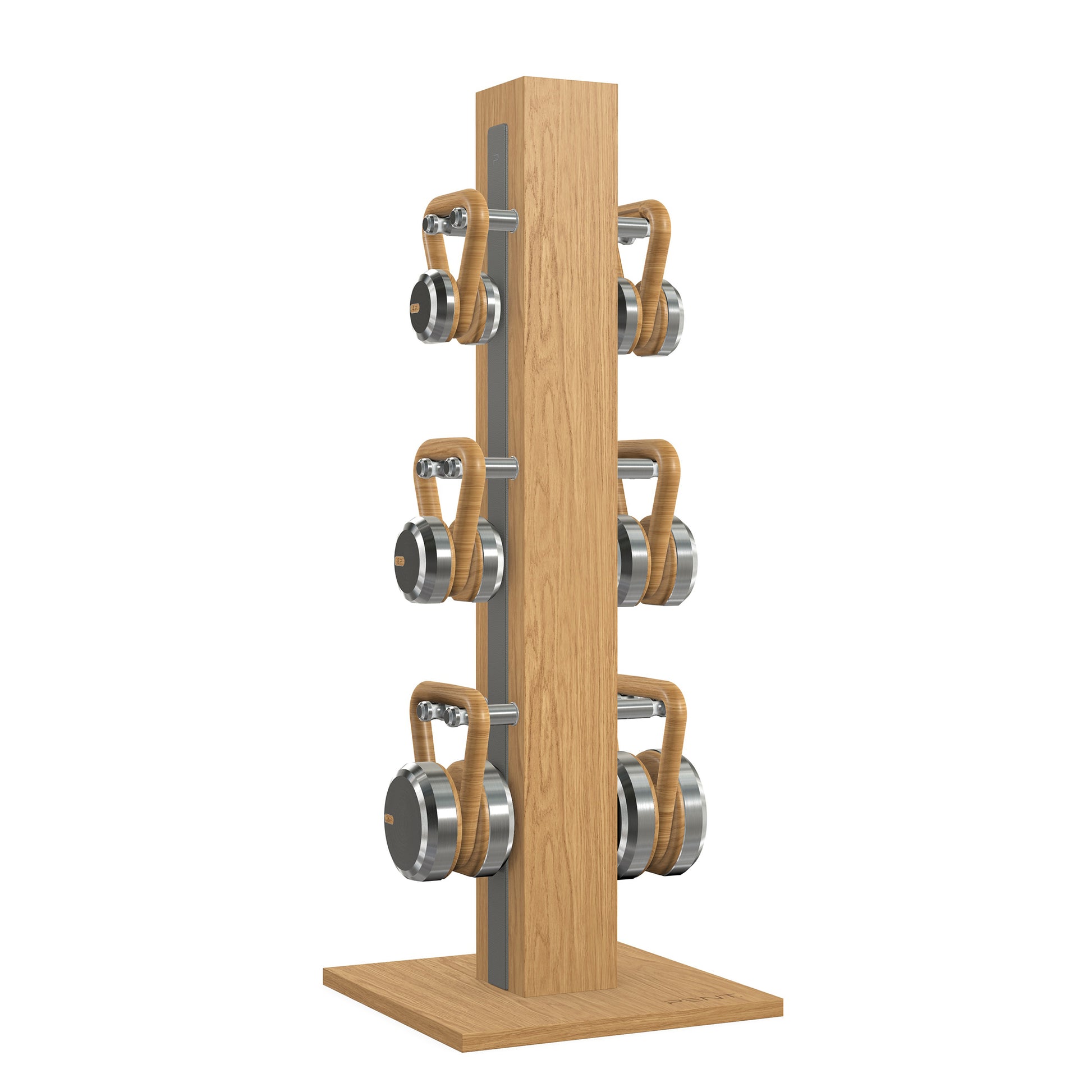 Luxury fitness equipment, 6 luxury kettlebells on vertical wooden stand, handcrafted with stainless steel, premium Italian grey leather and oak wood. PENT. LOVA Set 