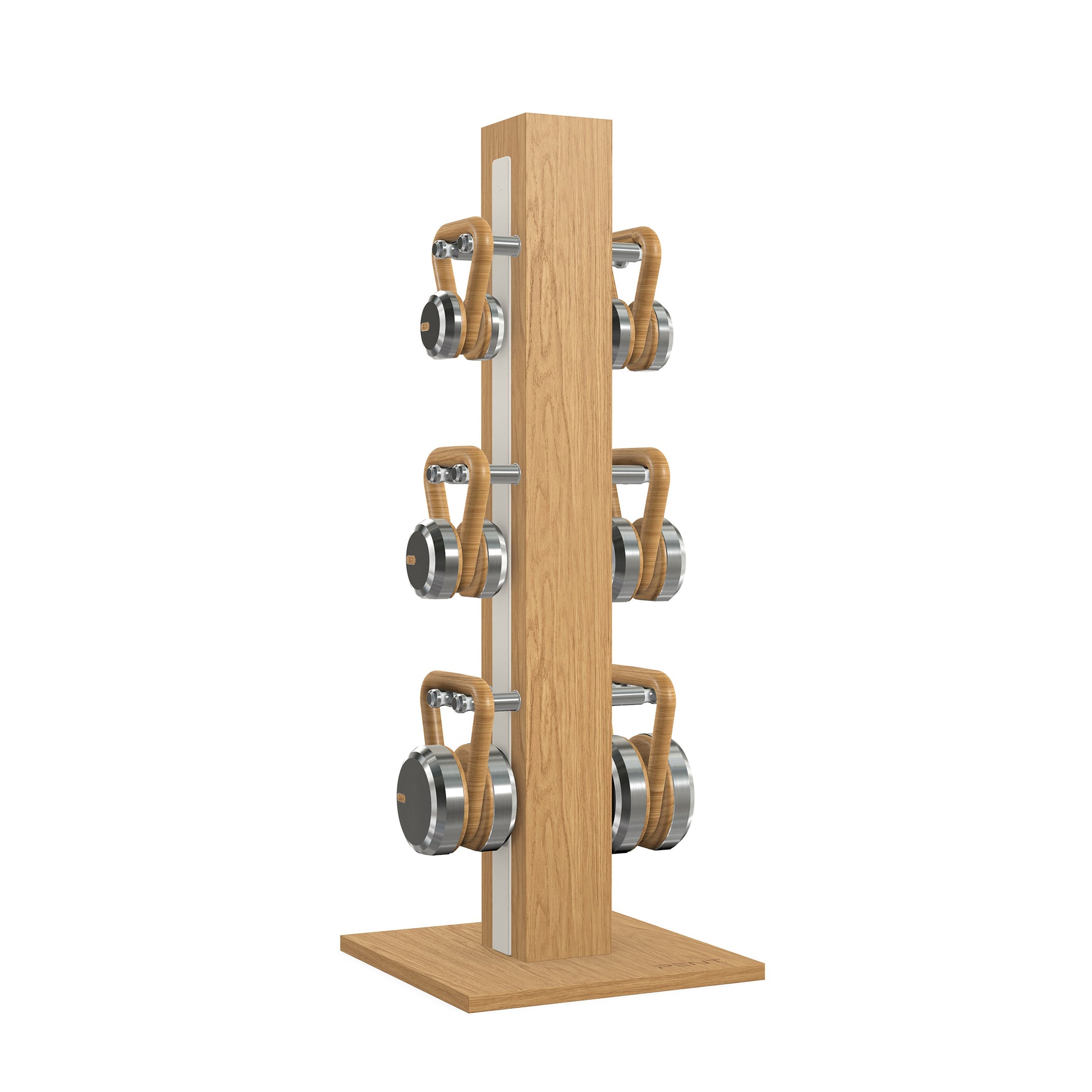 Luxury fitness equipment, 6 luxury kettlebells on vertical wooden stand, handcrafted with stainless steel, premium Italian white leather and oak wood. PENT. LOVA Set 