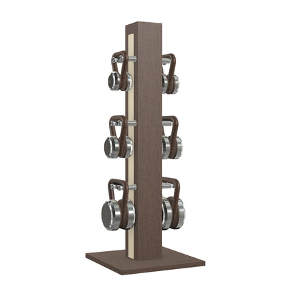 Luxury fitness equipment, 6 luxury kettlebells on vertical wooden stand, handcrafted with stainless steel, premium Italian beige leather and dark walnut wood. PENT. LOVA Set 