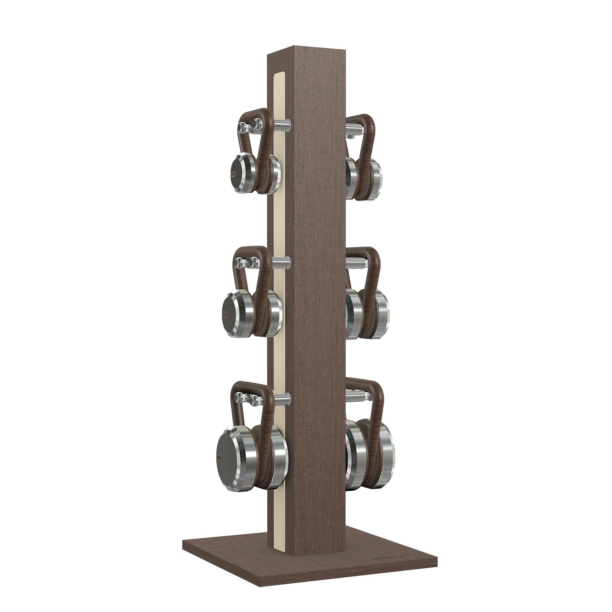 Luxury fitness equipment, 6 luxury kettlebells on vertical wooden stand, handcrafted with stainless steel, premium Italian beige leather and dark walnut wood. PENT. LOVA Set 