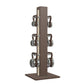 Luxury fitness equipment, 6 luxury kettlebells on vertical wooden stand, handcrafted with stainless steel, premium Italian beige leather and dark walnut wood. PENT. LOVA Set 