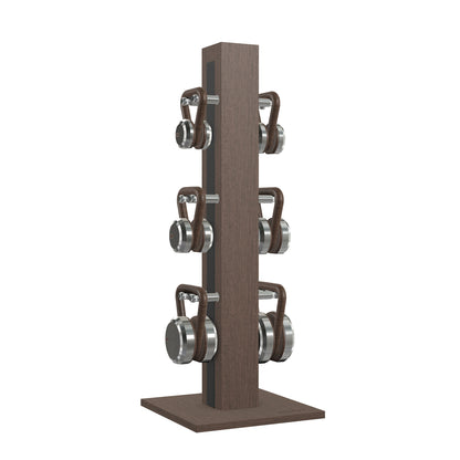 Luxury fitness equipment, 6 luxury kettlebells on vertical wooden stand, handcrafted with stainless steel, premium Italian black leather and dark walnut wood. PENT. LOVA Set 