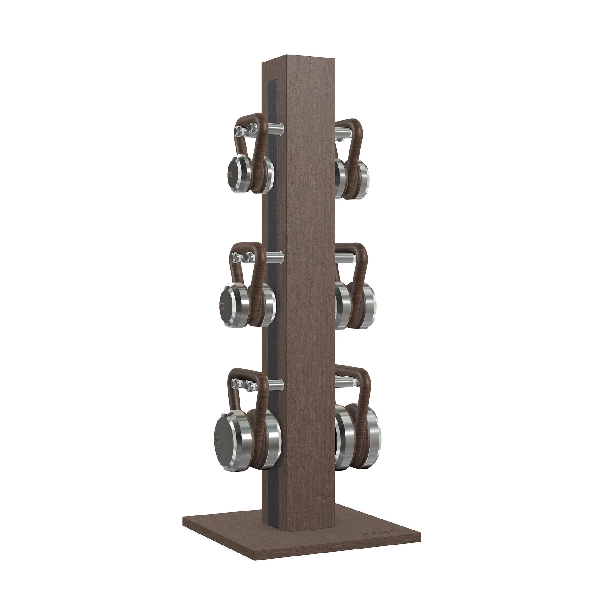Luxury fitness equipment, 6 luxury kettlebells on vertical wooden stand, handcrafted with stainless steel, premium Italian black leather and dark walnut wood. PENT. LOVA Set 