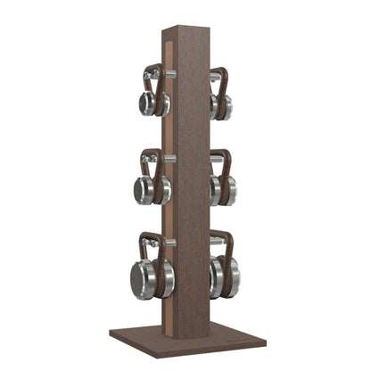 Luxury fitness equipment, 6 luxury kettlebells on vertical wooden stand, handcrafted with stainless steel, premium Italian brown leather and dark walnut wood. PENT. LOVA Set 