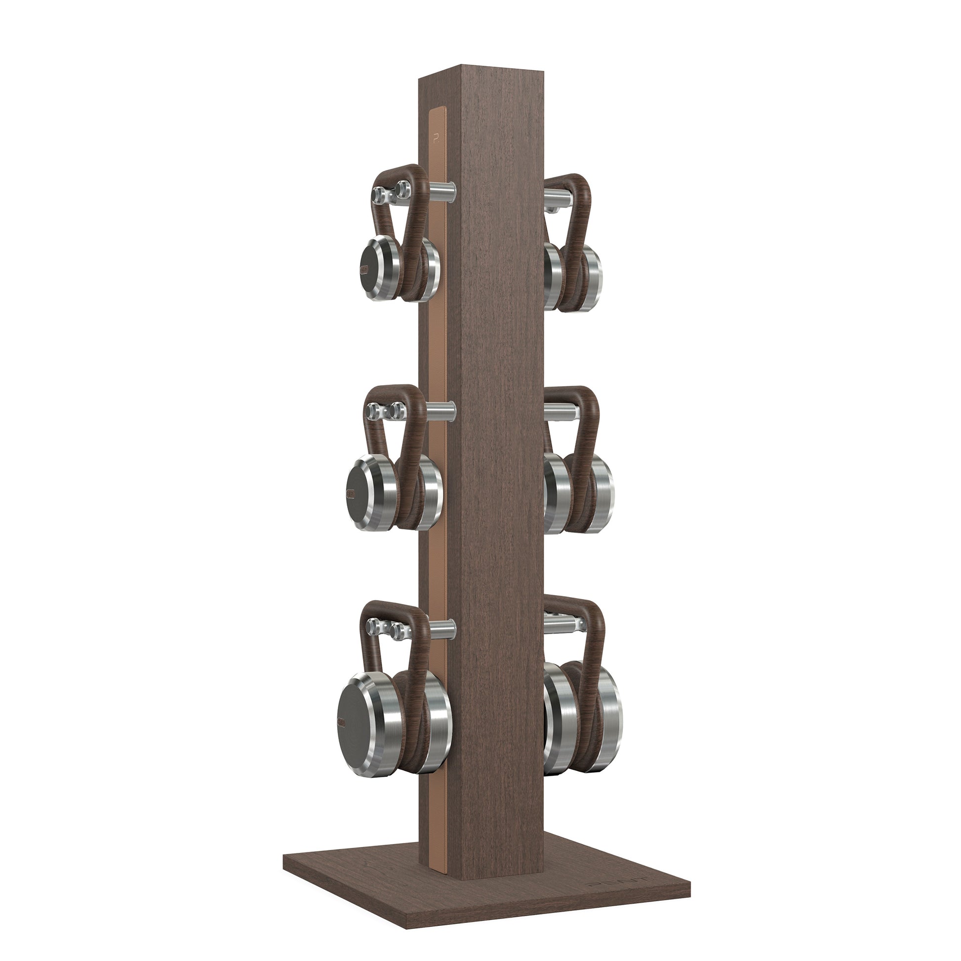 Luxury fitness equipment, 6 luxury kettlebells on vertical wooden stand, handcrafted with stainless steel, premium Italian brown leather and dark walnut wood. PENT. LOVA Set 