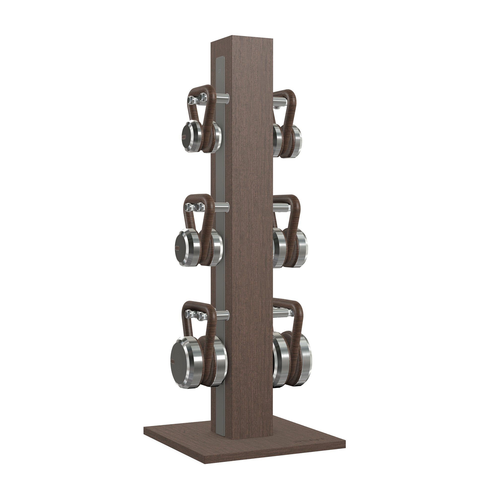 Luxury fitness equipment, 6 luxury kettlebells on vertical wooden stand, handcrafted with stainless steel, premium Italian grey leather and dark walnut wood. PENT. LOVA Set 
