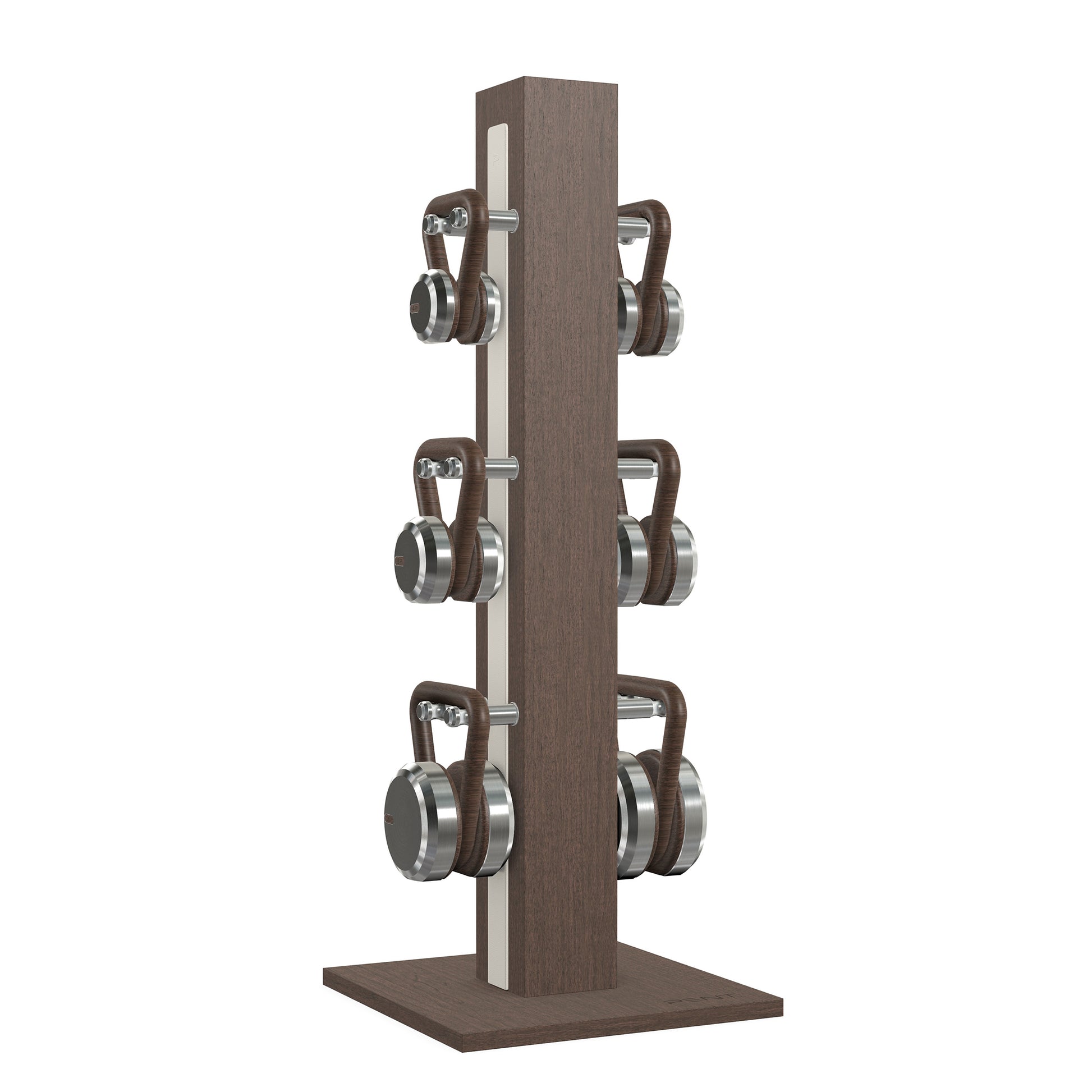 Luxury fitness equipment, 6 luxury kettlebells on vertical wooden stand, handcrafted with stainless steel, premium Italian white leather and dark walnut wood. PENT. LOVA Set 