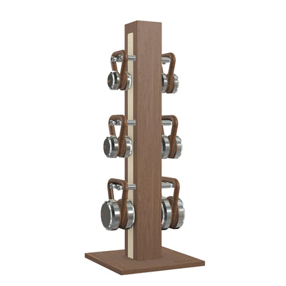 Luxury fitness equipment, 6 luxury kettlebells on vertical wooden stand, handcrafted with stainless steel, premium Italian beige leather and natural walnut wood. PENT. LOVA Set 