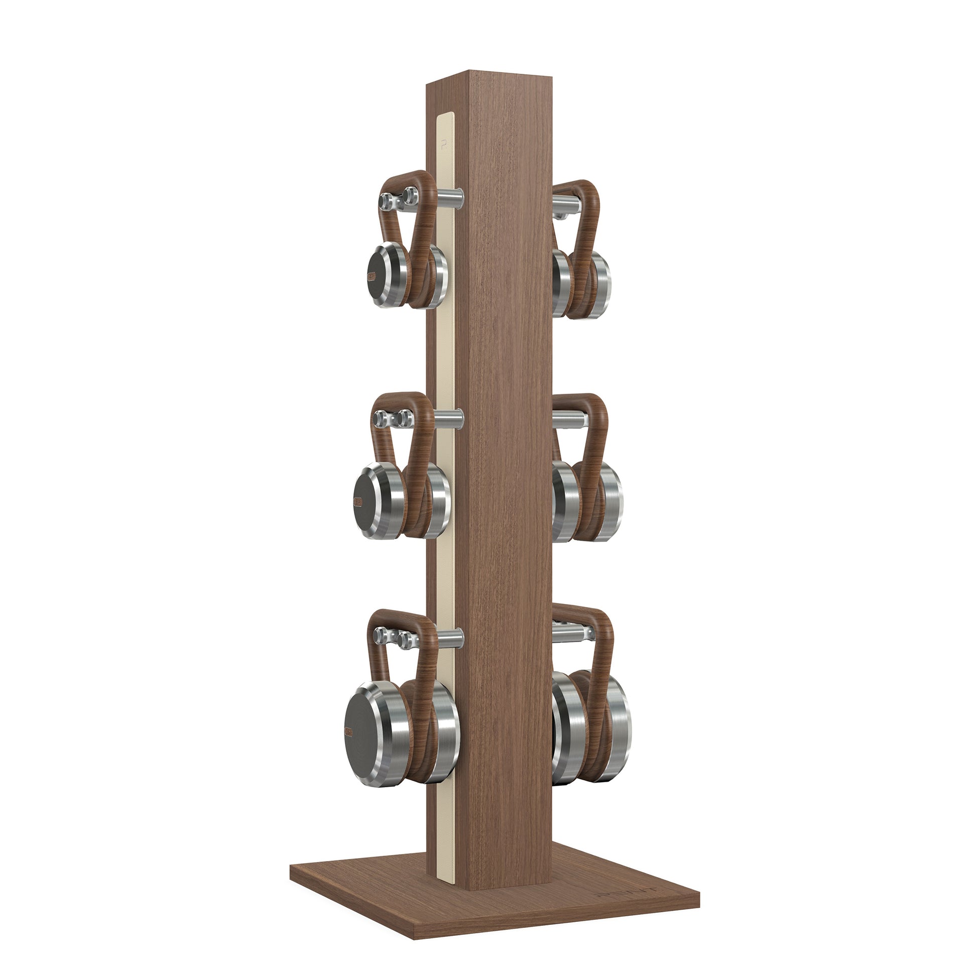 Luxury fitness equipment, 6 luxury kettlebells on vertical wooden stand, handcrafted with stainless steel, premium Italian beige leather and natural walnut wood. PENT. LOVA Set 