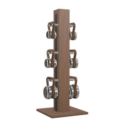 Luxury fitness equipment, 6 luxury kettlebells on vertical wooden stand, handcrafted with stainless steel, premium Italian black leather and natural walnut wood. PENT. LOVA Set 