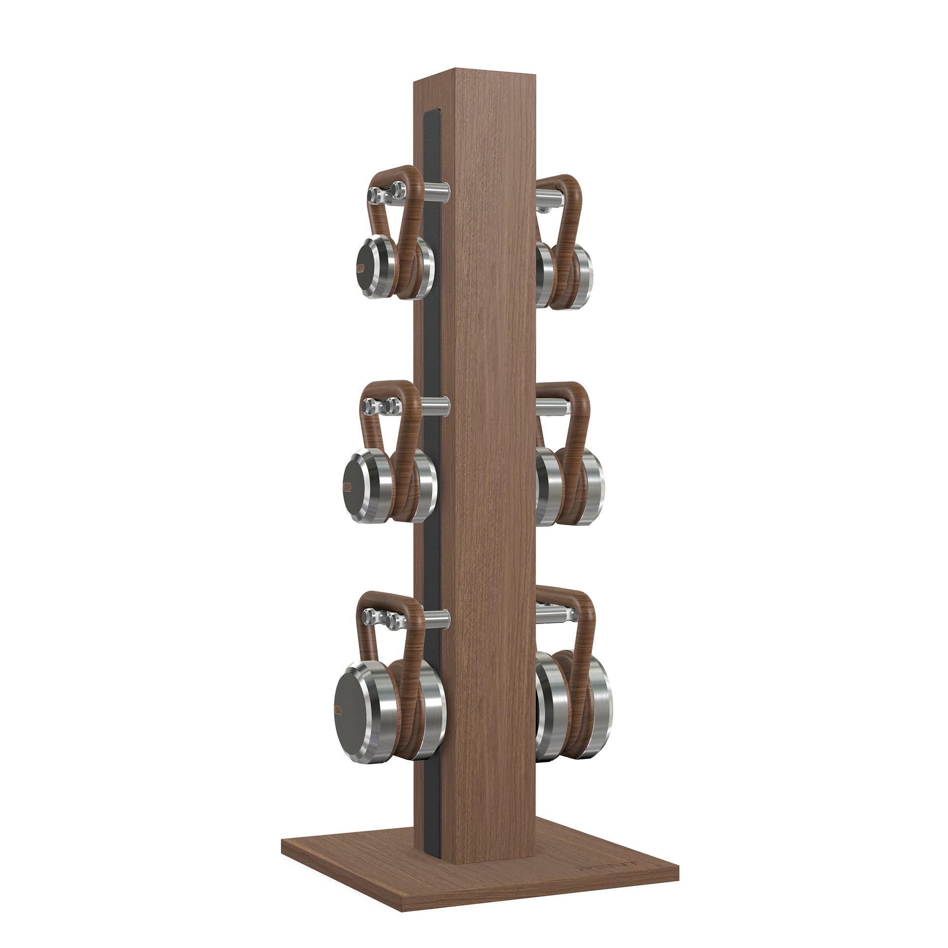 Luxury fitness equipment, 6 luxury kettlebells on vertical wooden stand, handcrafted with stainless steel, premium Italian black leather and natural walnut wood. PENT. LOVA Set 