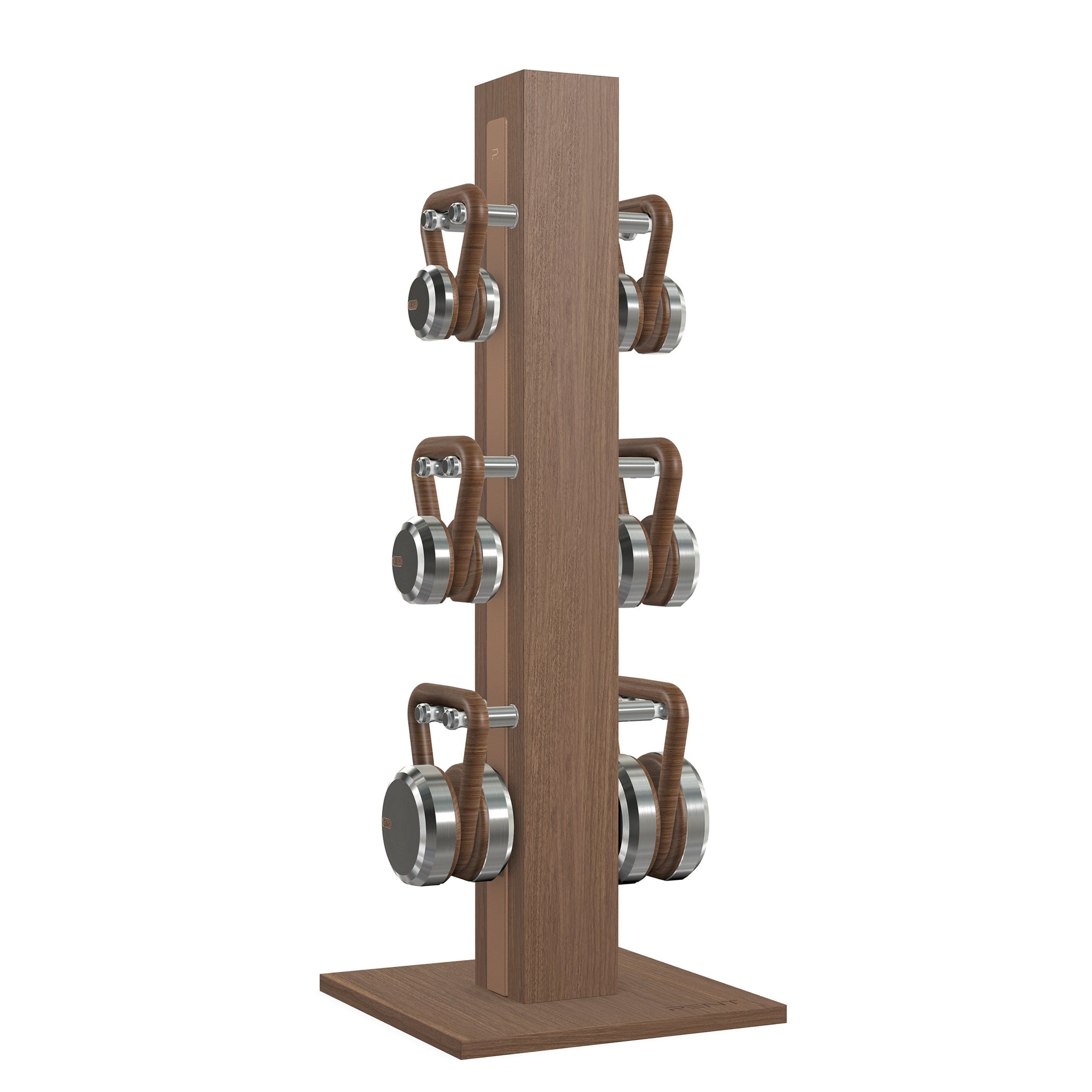 Luxury fitness equipment, 6 luxury kettlebells on vertical wooden stand, handcrafted with stainless steel, premium Italian brown leather and natural walnut wood. PENT. LOVA Set 