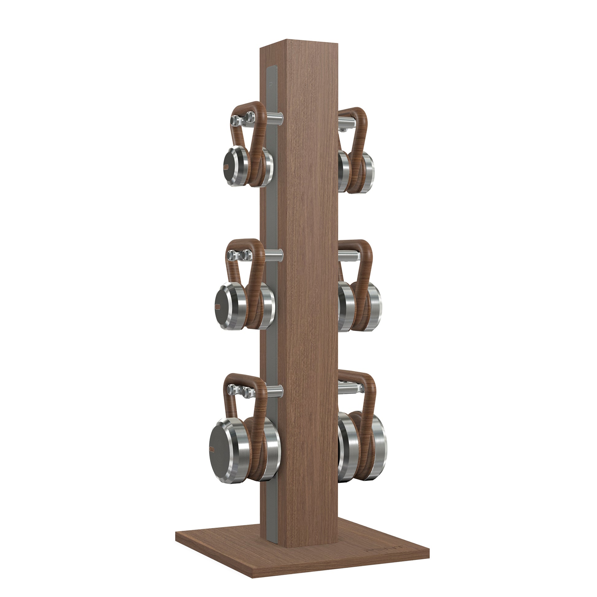 Luxury fitness equipment, 6 luxury kettlebells on vertical wooden stand, handcrafted with stainless steel, premium Italian grey leather and natural walnut wood. PENT. LOVA Set 