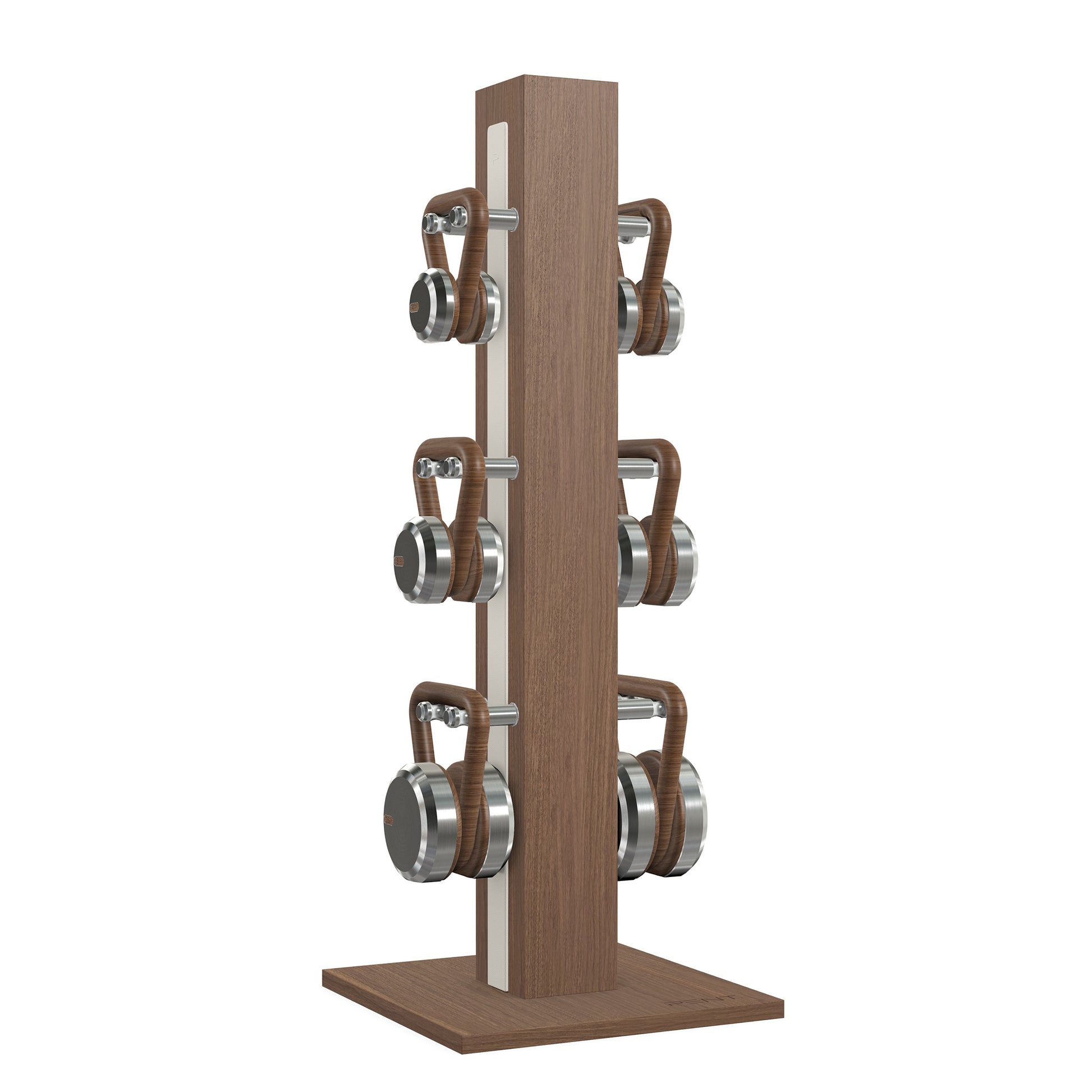 Luxury fitness equipment, 6 luxury kettlebells on vertical wooden stand, handcrafted with stainless steel, premium Italian white leather and natural walnut wood. PENT. LOVA Set 