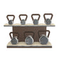 Luxury fitness equipment, 7 premium kettlebells on horizontal wooden stand, handcrafted with stainless steel, premium Italian beige leather and dark walnut wood. 