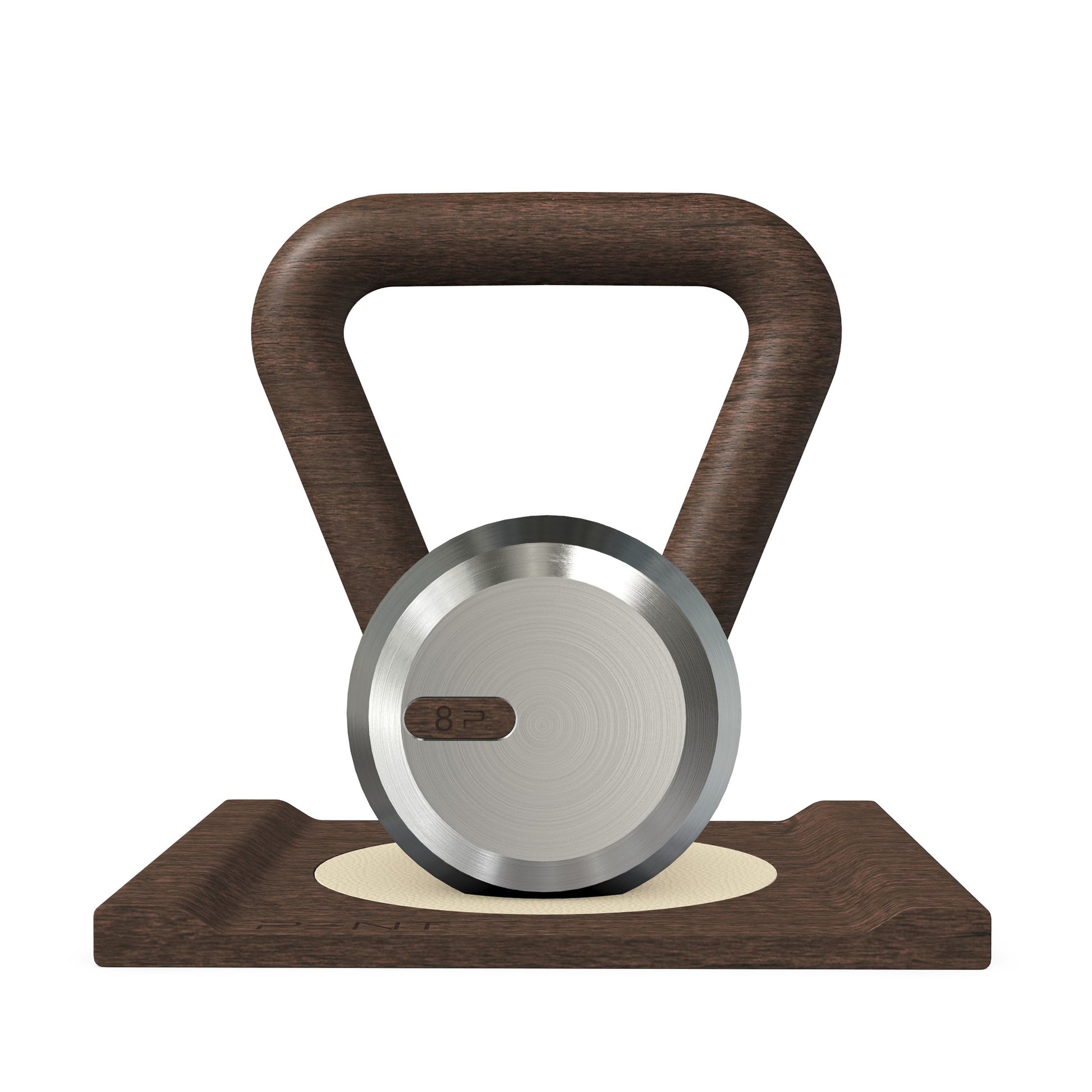 Luxury home gym equipment, premium kettlebell on wooden stand, made with stainless steel and dark walnut wood.