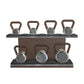 Luxury fitness equipment, 7 premium kettlebells on horizontal wooden stand, handcrafted with stainless steel, premium Italian black leather and dark walnut wood. 