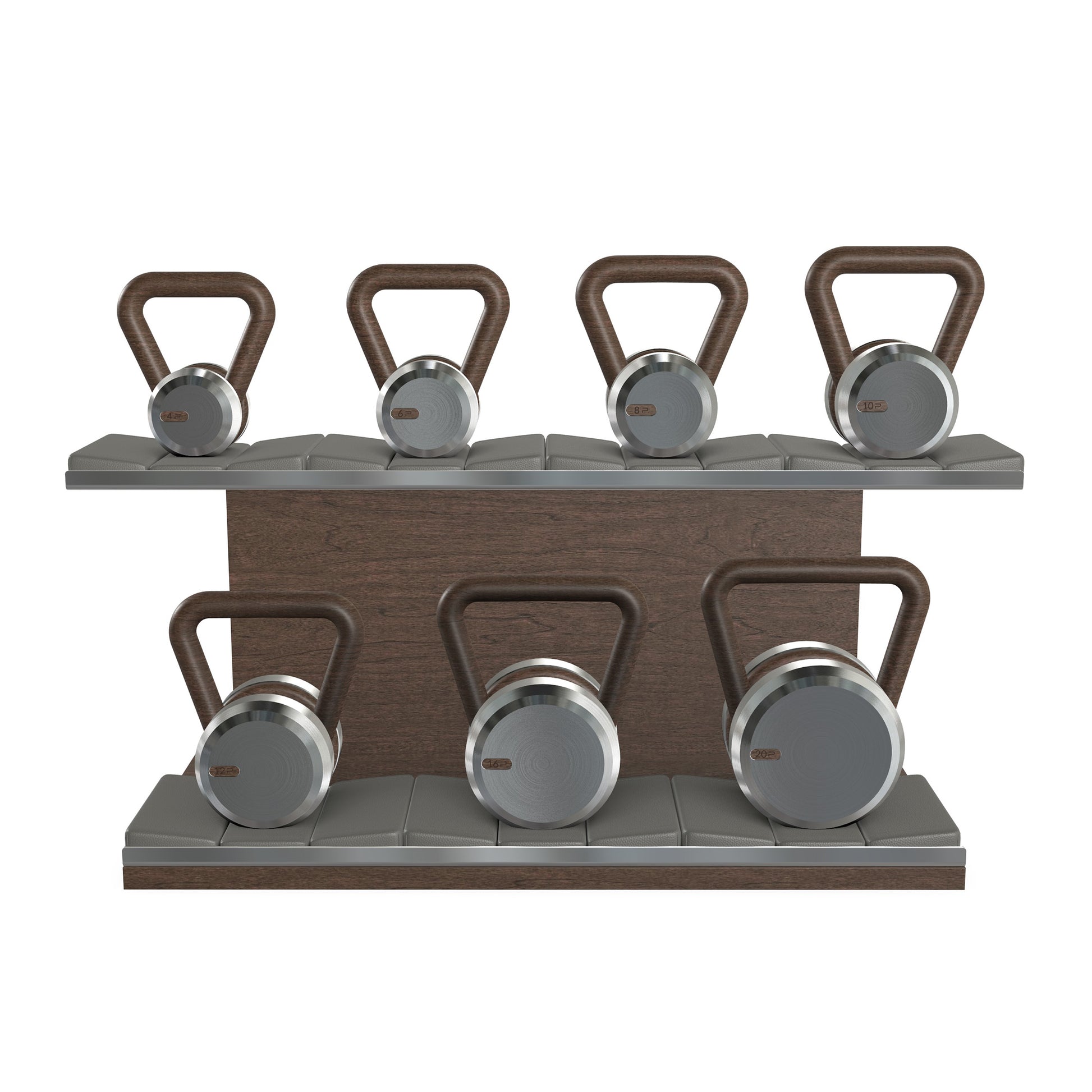 Luxury fitness equipment, 7 premium kettlebells on horizontal wooden stand, handcrafted with stainless steel, premium Italian grey leather and dark walnut wood. 