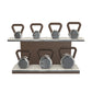 Luxury fitness equipment, 7 premium kettlebells on horizontal wooden stand, handcrafted with stainless steel, premium Italian white leather and dark walnut wood. 