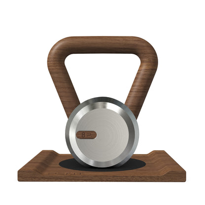 Luxury home gym equipment, premium kettlebell on wooden stand, made with stainless steel and natural walnut wood.