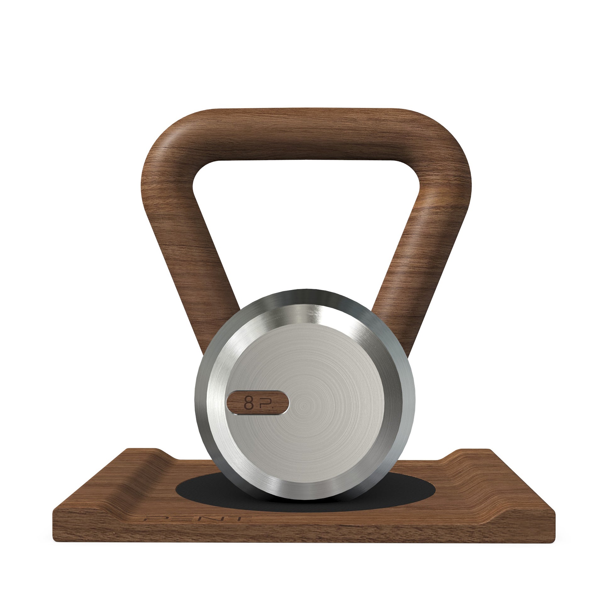 Luxury home gym equipment, premium kettlebell on wooden stand, made with stainless steel and natural walnut wood.