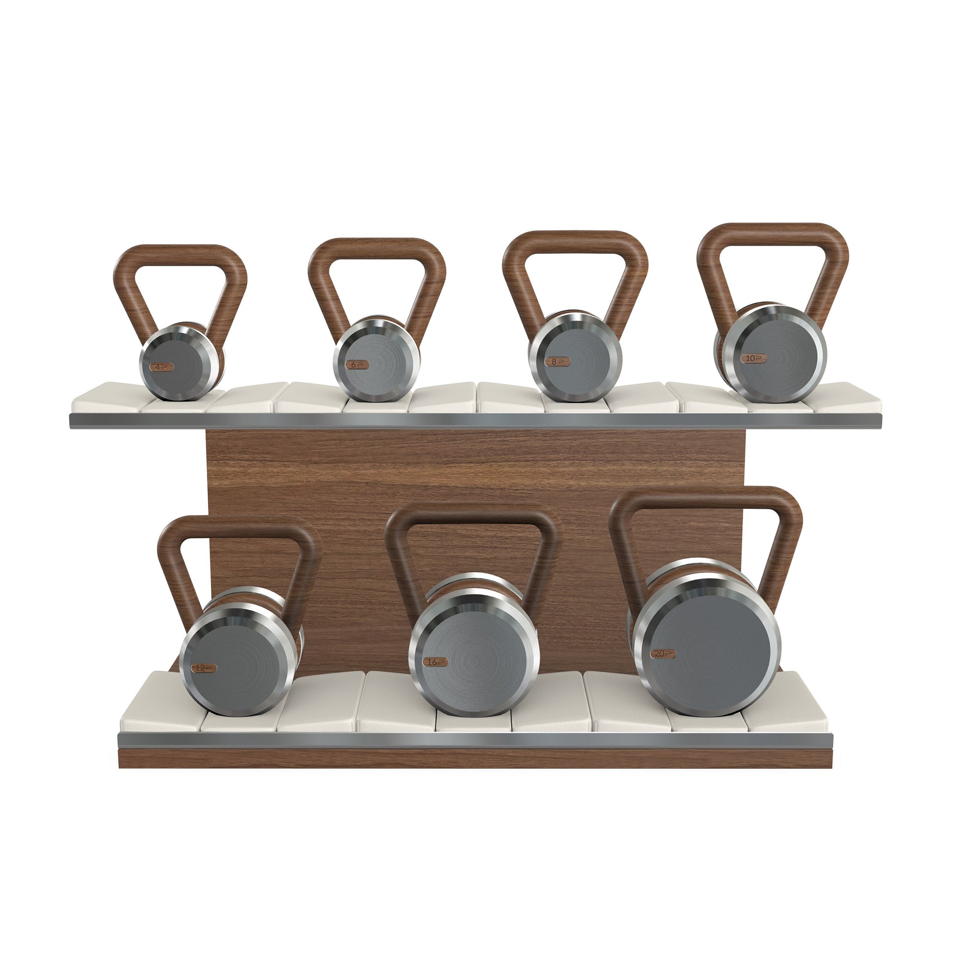 Luxury fitness equipment, 7 premium kettlebells on horizontal wooden stand, handcrafted with stainless steel, premium Italian white leather and natural walnut wood. 