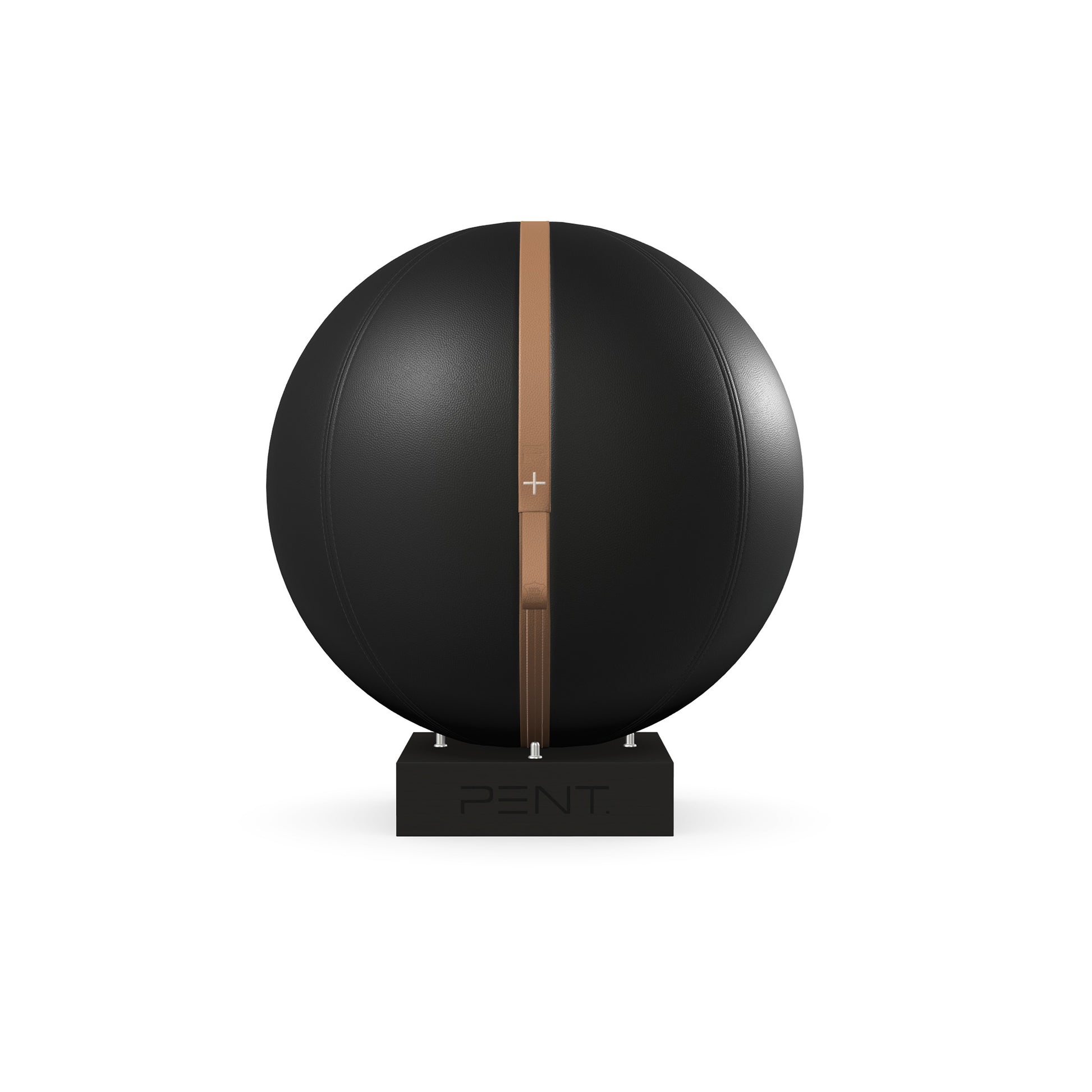 Luxury fitness equipment, fitness ball wrapped in luxurious leather and paired with a compact wooden stand. Customize in black base leather, brown accent leather and black ash wood. PENT. MESNA