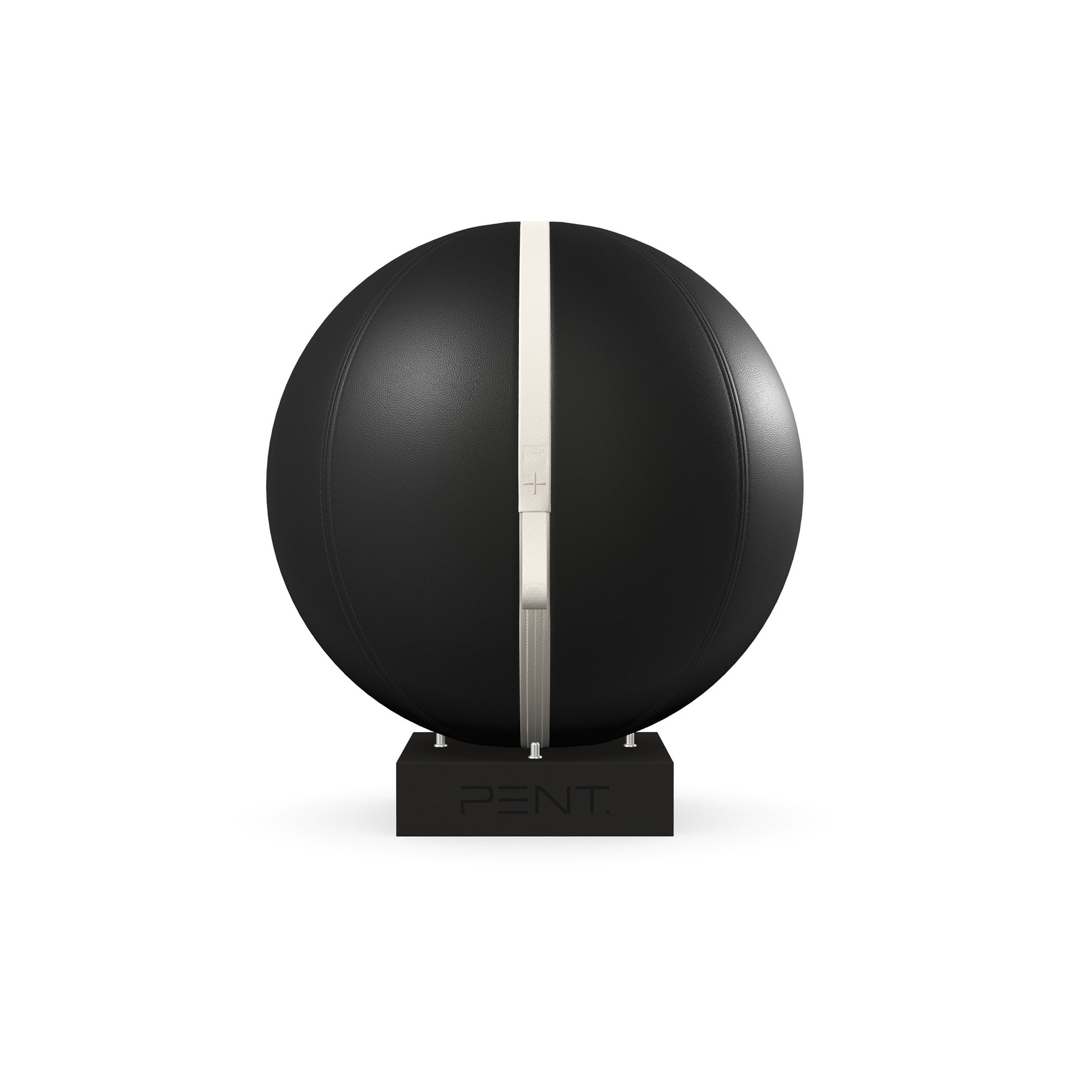 Luxury fitness equipment, fitness ball wrapped in luxurious leather and paired with a compact wooden stand. Customize in black base leather, white accent leather and black ash wood. PENT. MESNA