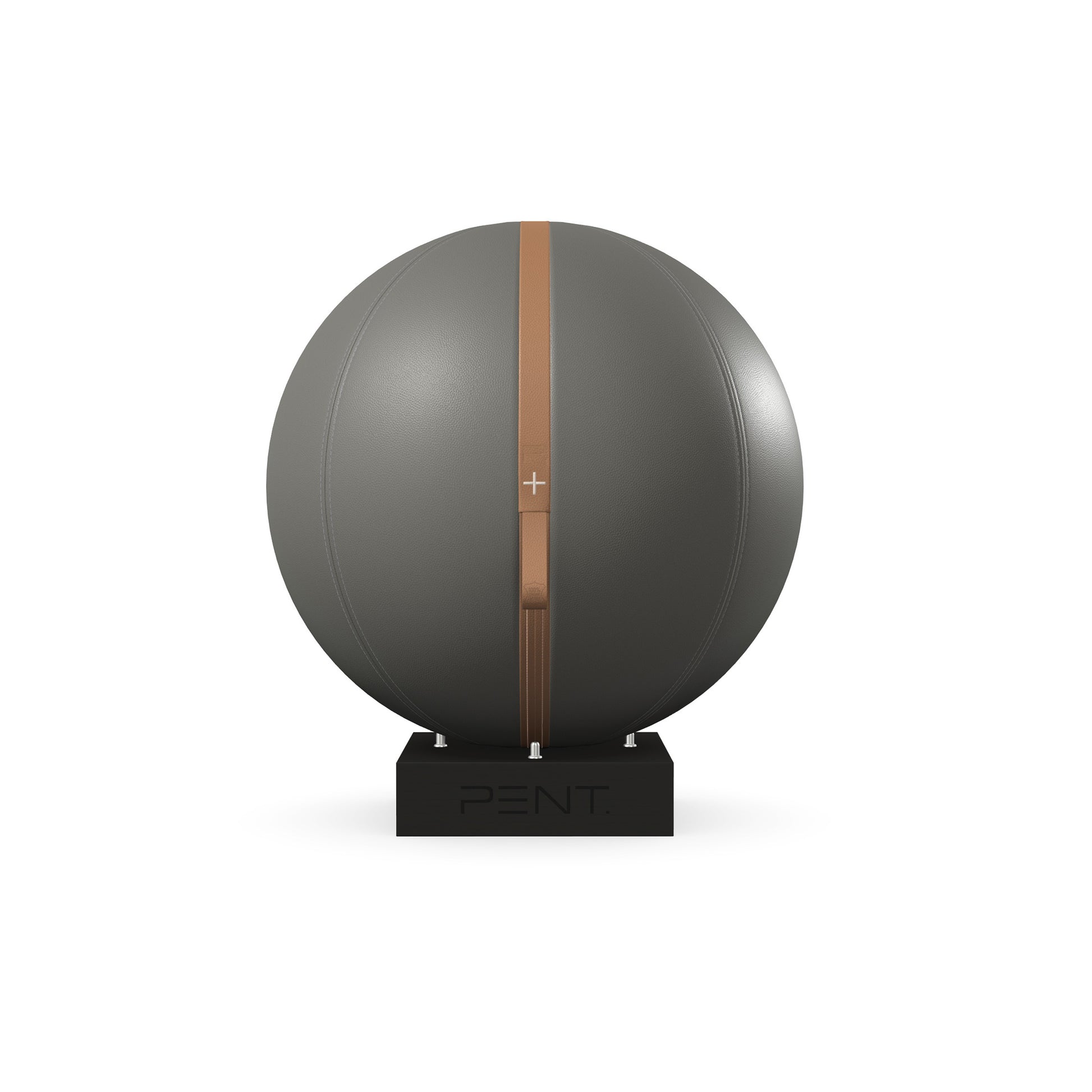 Luxury fitness equipment, fitness ball wrapped in luxurious leather and paired with a compact wooden stand. Customize in grey base leather, brown accent leather and black ash wood. PENT. MESNA