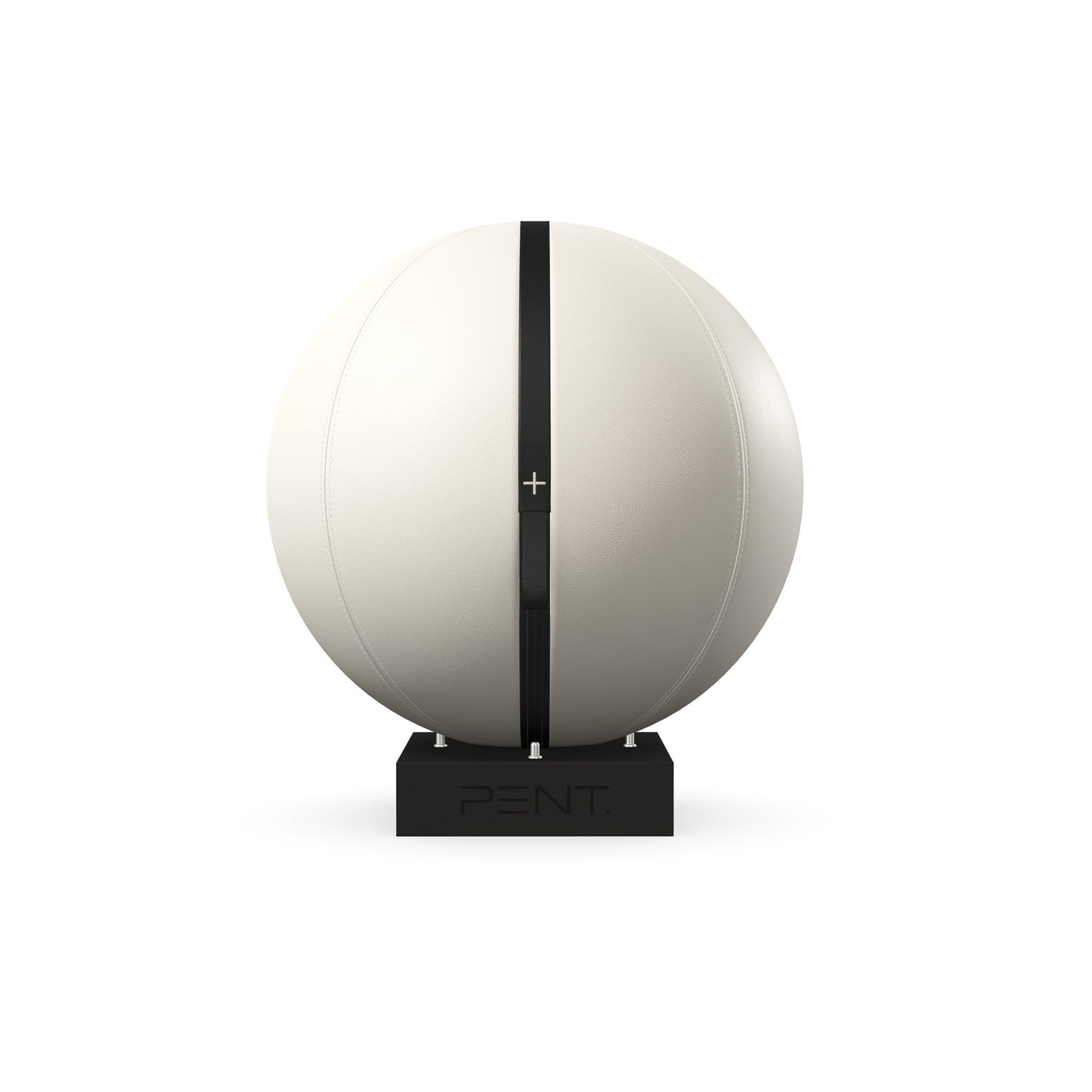 Luxury fitness equipment, fitness ball wrapped in luxurious leather and paired with a compact wooden stand. Customize in white base leather, black accent leather and black ash wood. PENT. MESNA