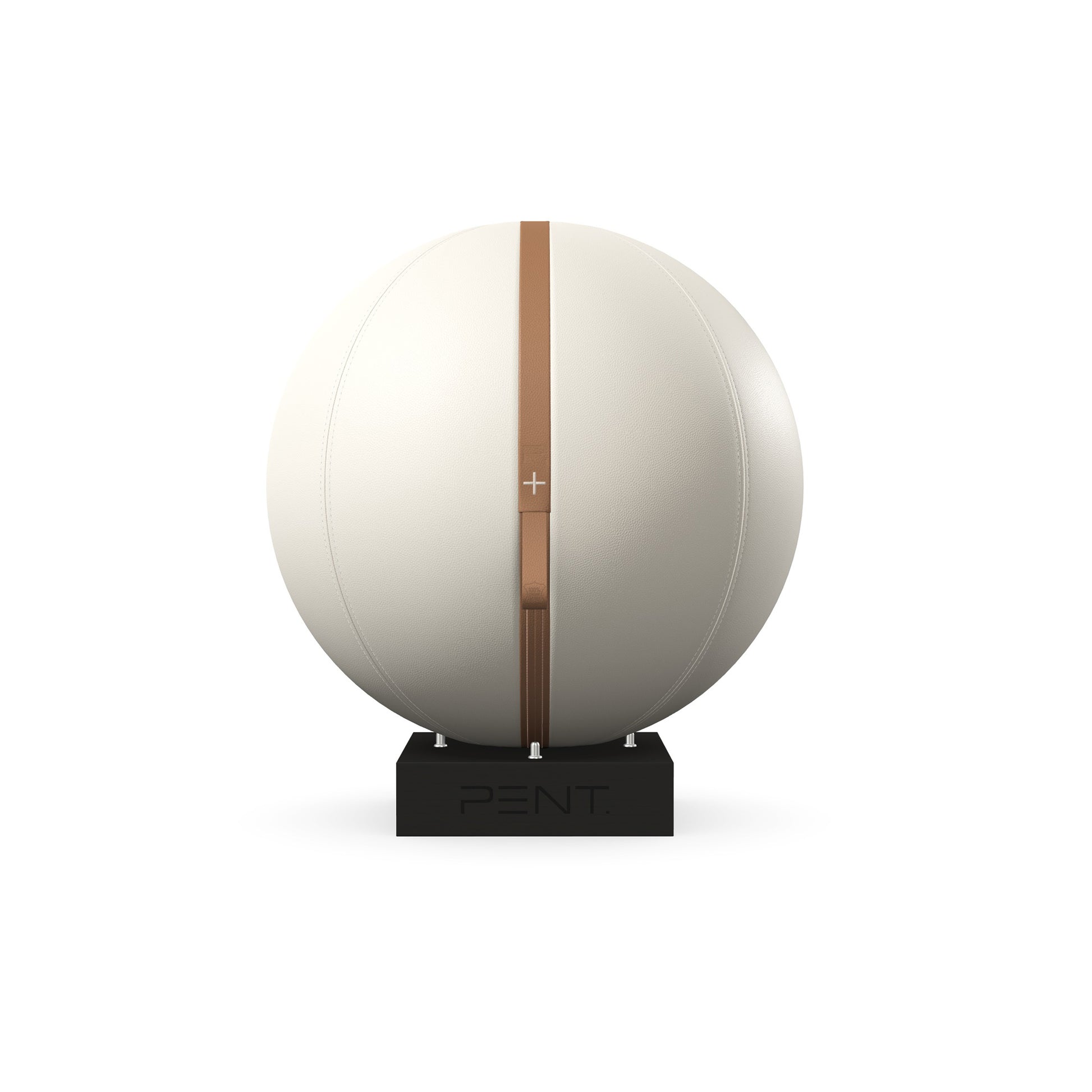 Luxury fitness equipment, fitness ball wrapped in luxurious leather and paired with a compact wooden stand. Customize in white base leather, brown accent leather and black ash wood. PENT. MESNA