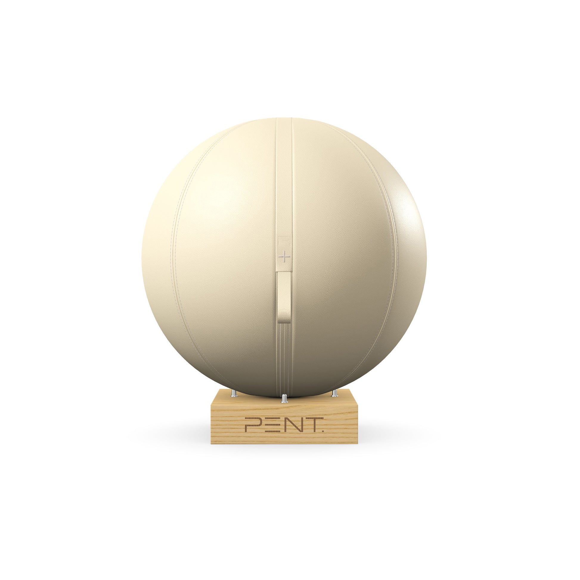 Luxury fitness equipment, fitness ball wrapped in luxurious leather and paired with a compact wooden stand. Customize in beige base leather, beige accent leather and natural ash wood. PENT. MESNA