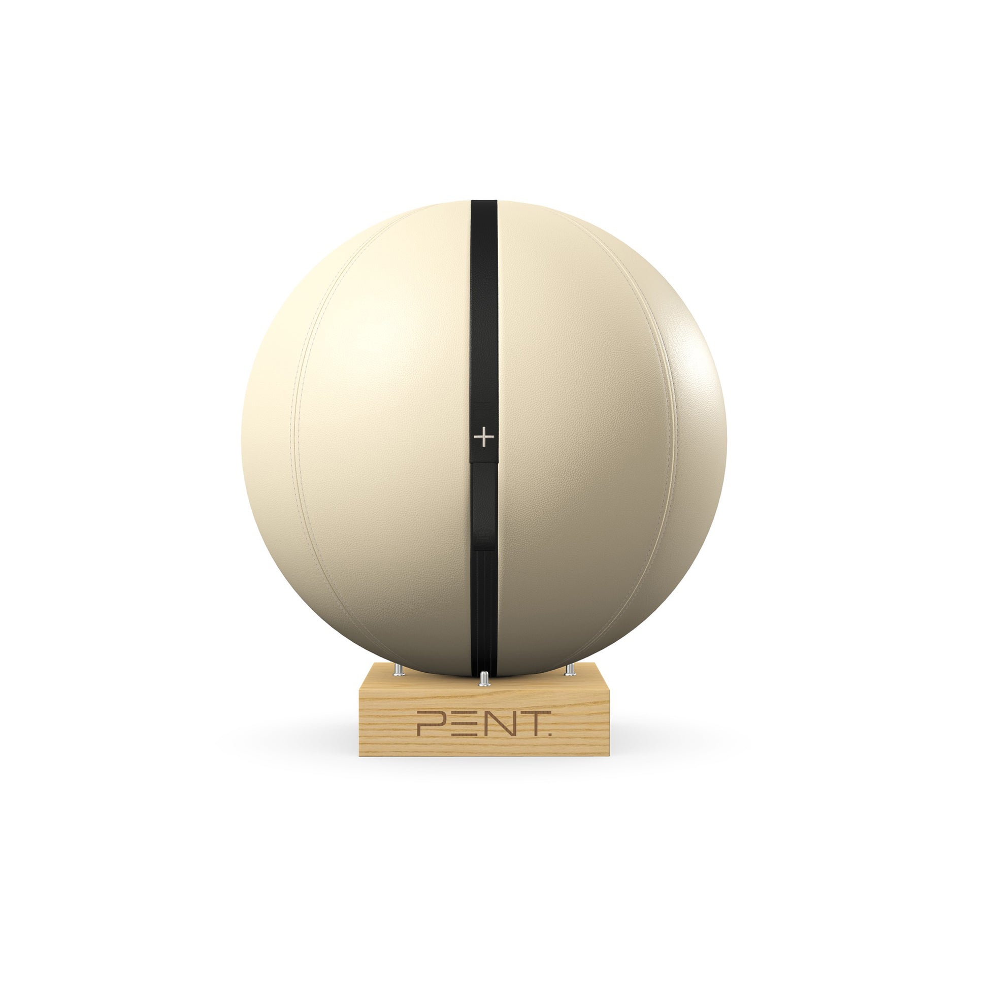 Luxury fitness equipment, fitness ball wrapped in luxurious leather and paired with a compact wooden stand. Customize in beige base leather, black accent leather and natural ash wood. PENT. MESNA