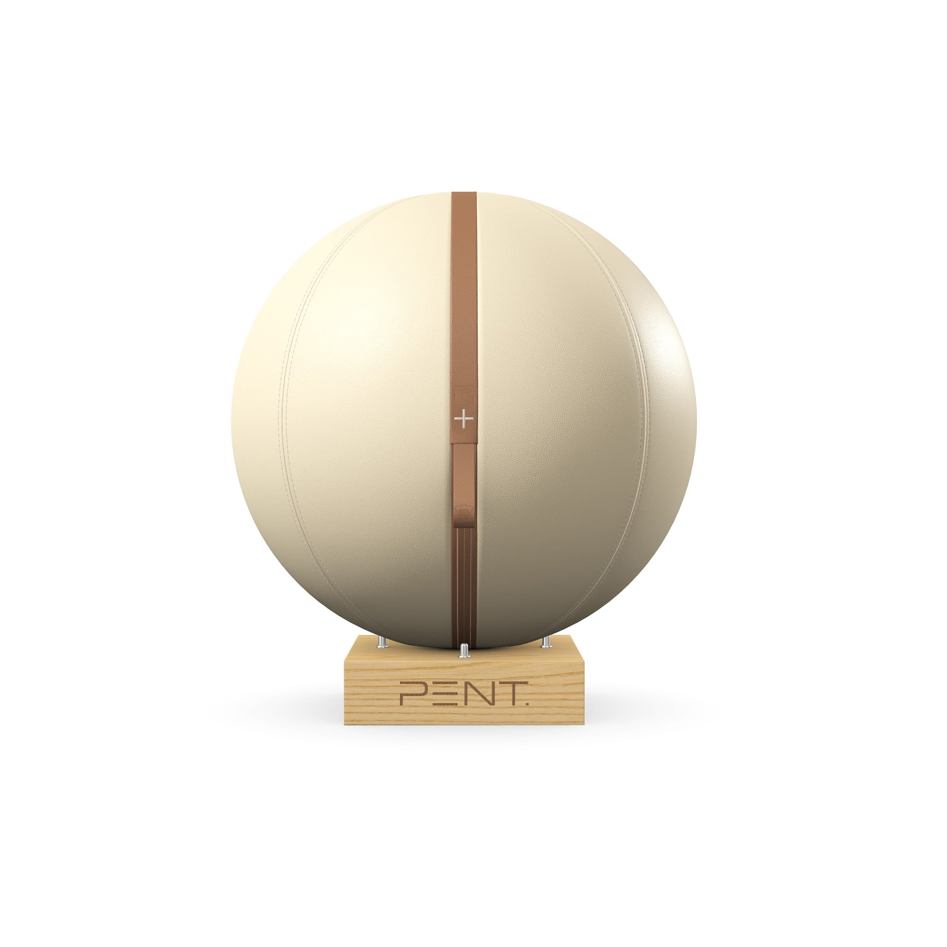 Luxury fitness equipment, fitness ball wrapped in luxurious leather and paired with a compact wooden stand. Customize in beige base leather, brown accent leather and natural ash wood. PENT. MESNA