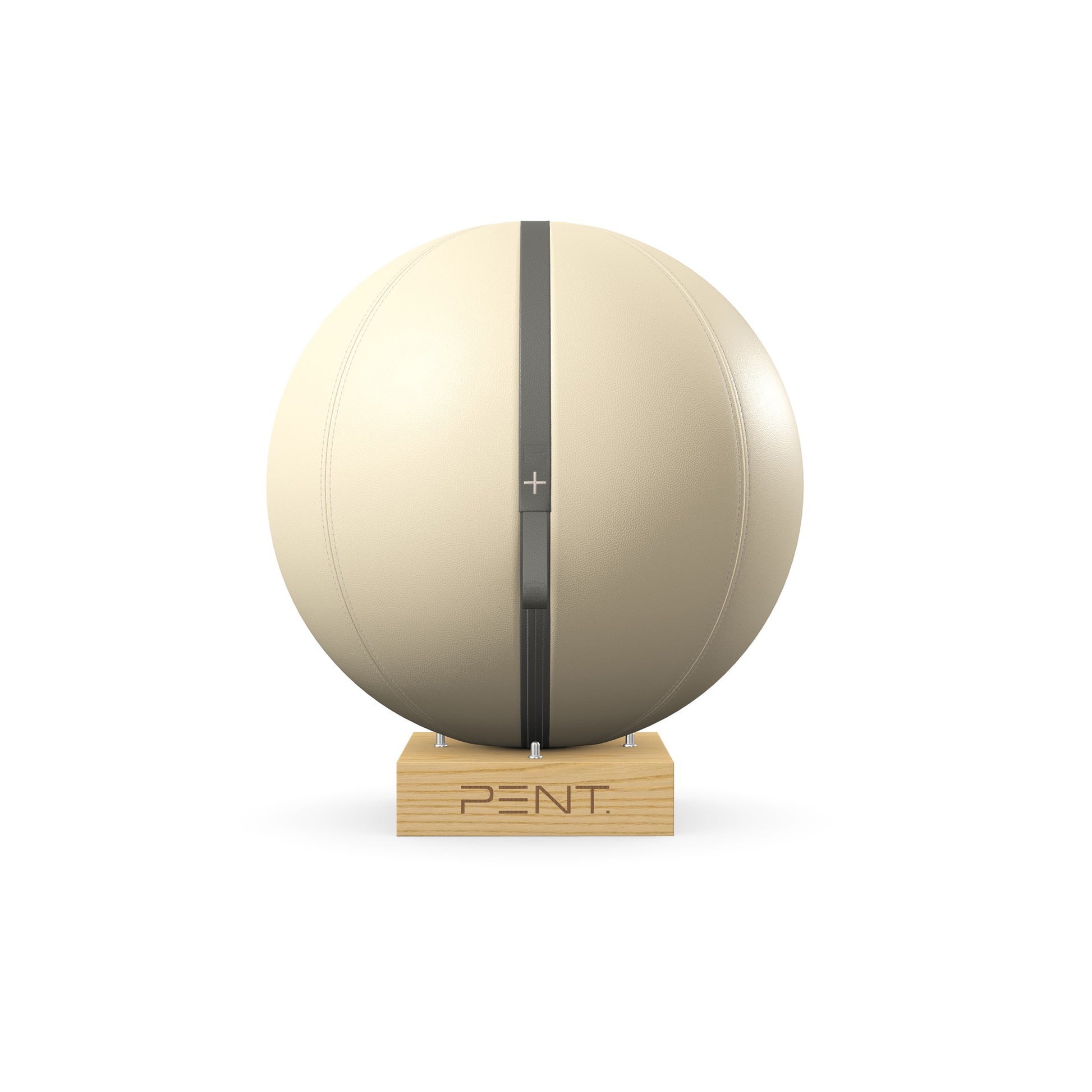 Luxury fitness equipment, fitness ball wrapped in luxurious leather and paired with a compact wooden stand. Customize in beige base leather, grey accent leather and natural ash wood. PENT. MESNA