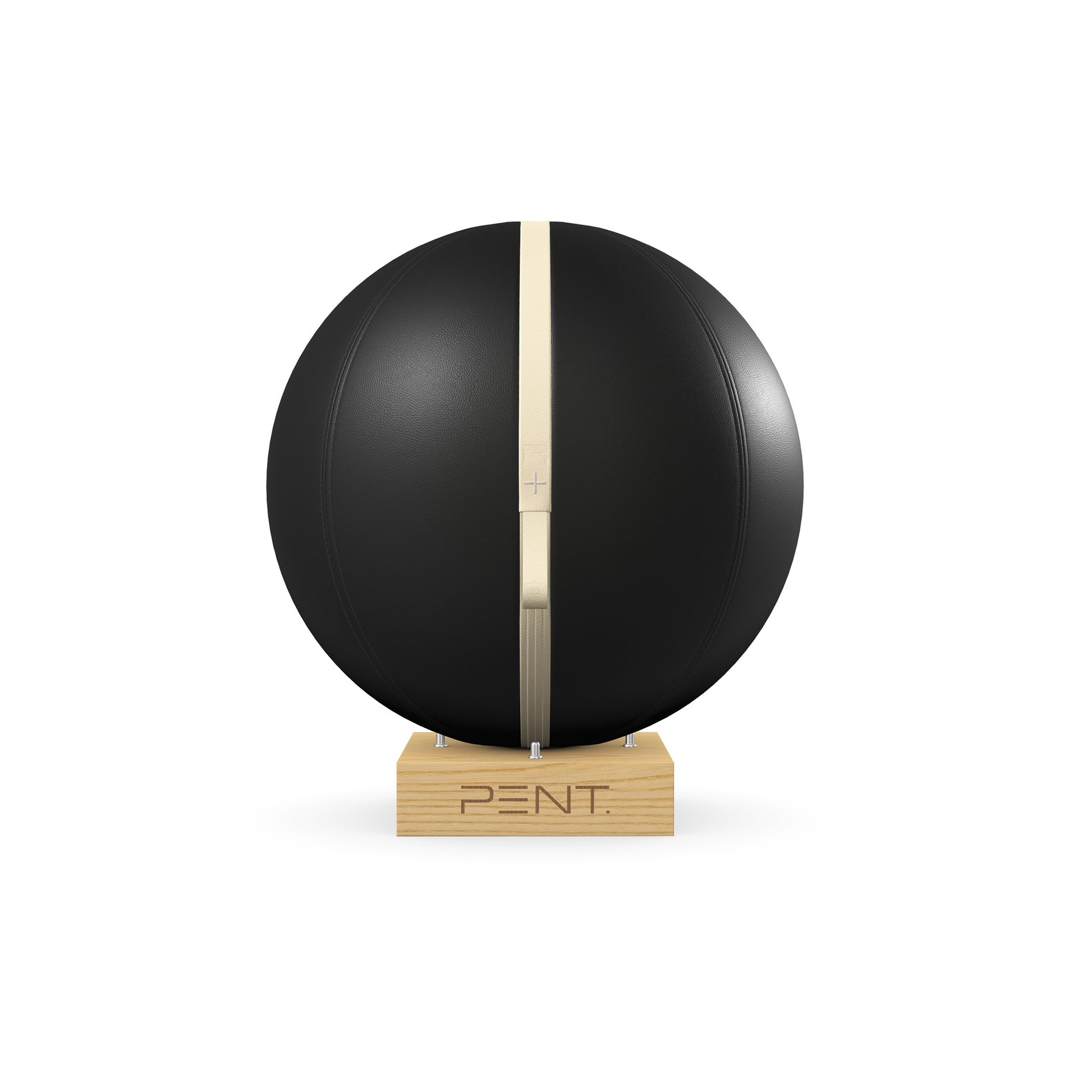 Luxury fitness equipment, fitness ball wrapped in luxurious leather and paired with a compact wooden stand. Customize in black base leather, beige accent leather and natural ash wood. PENT. MESNA