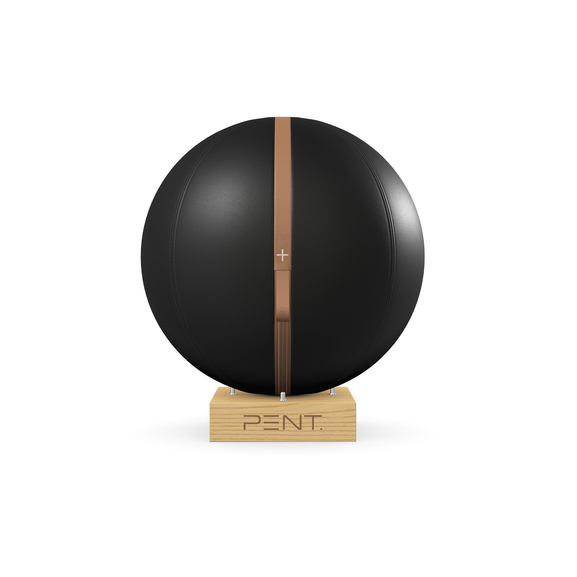 Luxury fitness equipment, fitness ball wrapped in luxurious leather and paired with a compact wooden stand. Customize in black base leather, brown accent leather and natural ash wood. PENT. MESNA