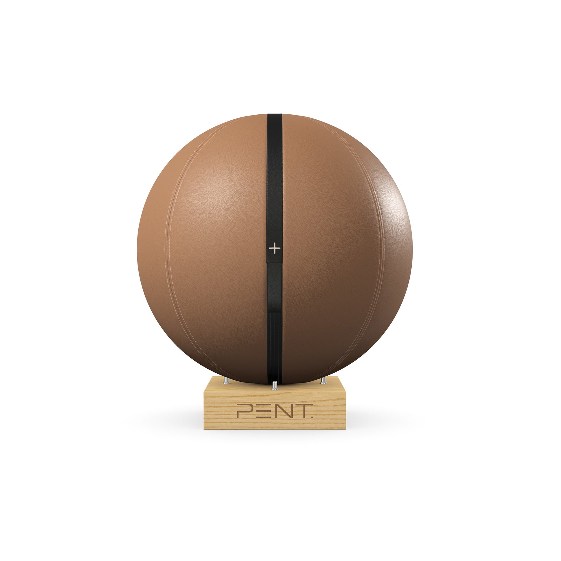Luxury fitness equipment, fitness ball wrapped in luxurious leather and paired with a compact wooden stand. Customize in brown base leather, black accent leather and natural ash wood. PENT. MESNA