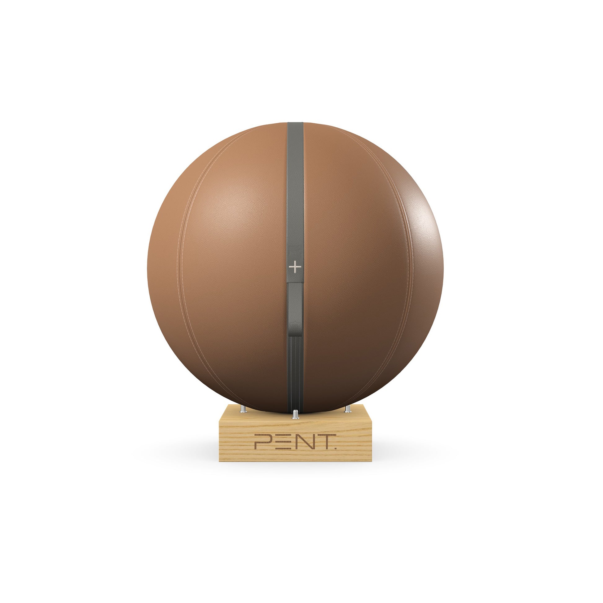 Luxury fitness equipment, fitness ball wrapped in luxurious leather and paired with a compact wooden stand. Customize in brown base leather, grey accent leather and natural ash wood. PENT. MESNA