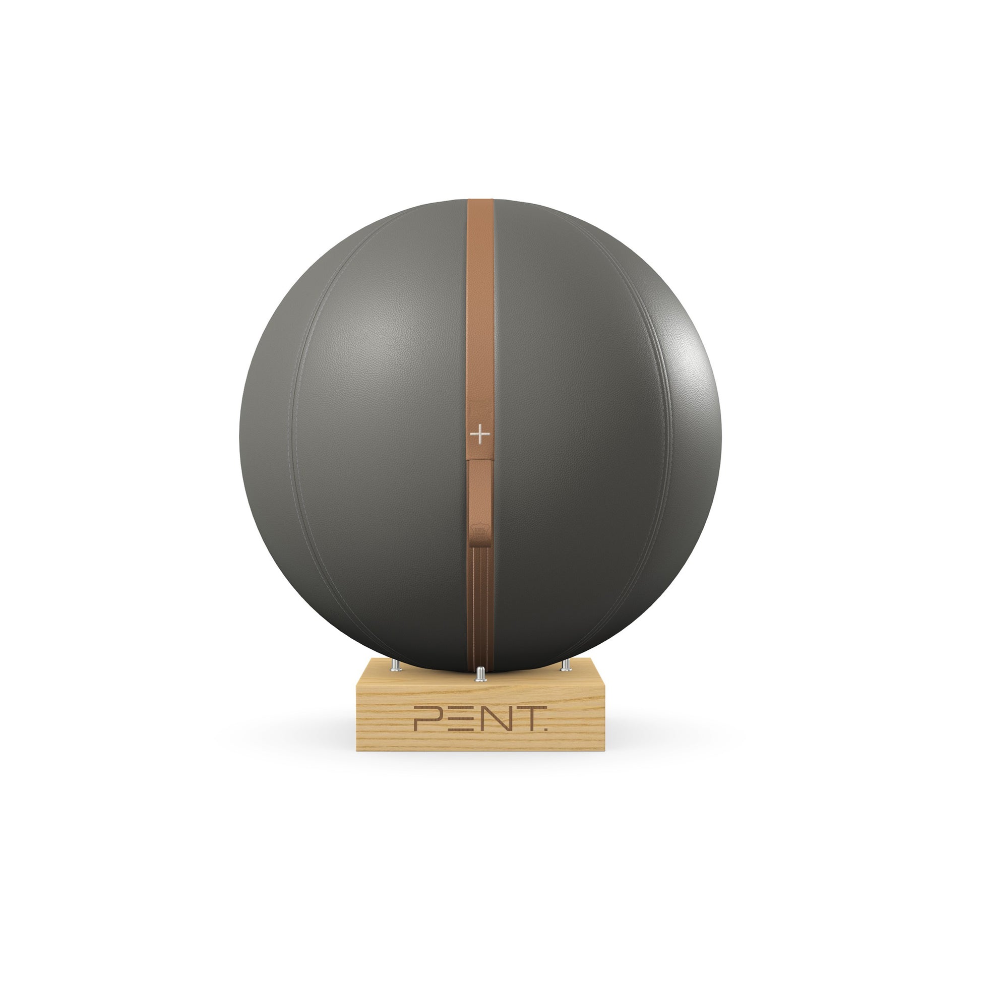 Luxury fitness equipment, fitness ball wrapped in luxurious leather and paired with a compact wooden stand. Customize in grey base leather, brown accent leather and natural ash wood. PENT. MESNA
