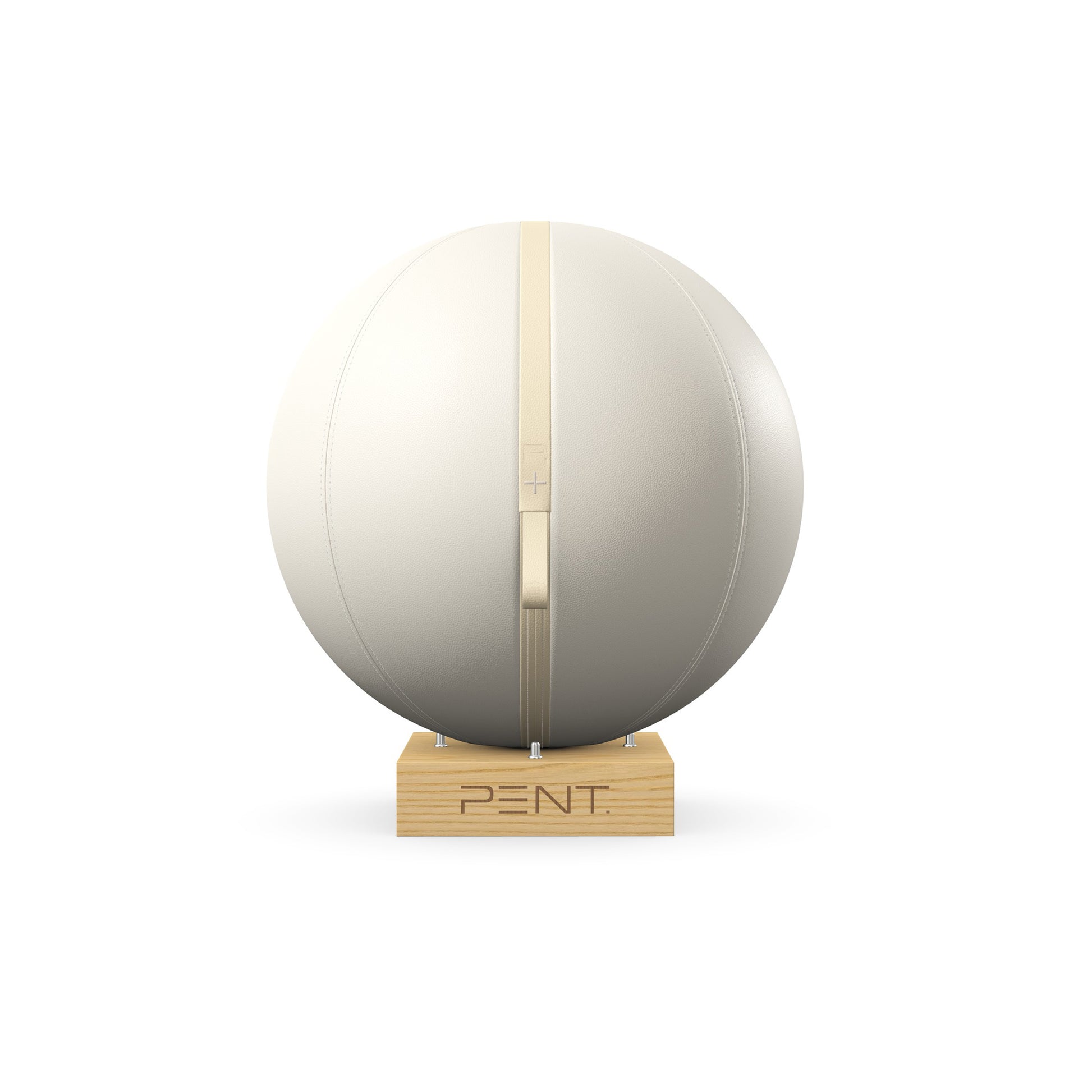 Luxury fitness equipment, fitness ball wrapped in luxurious leather and paired with a compact wooden stand. Customize in white base leather, beige accent leather and natural ash wood. PENT. MESNA