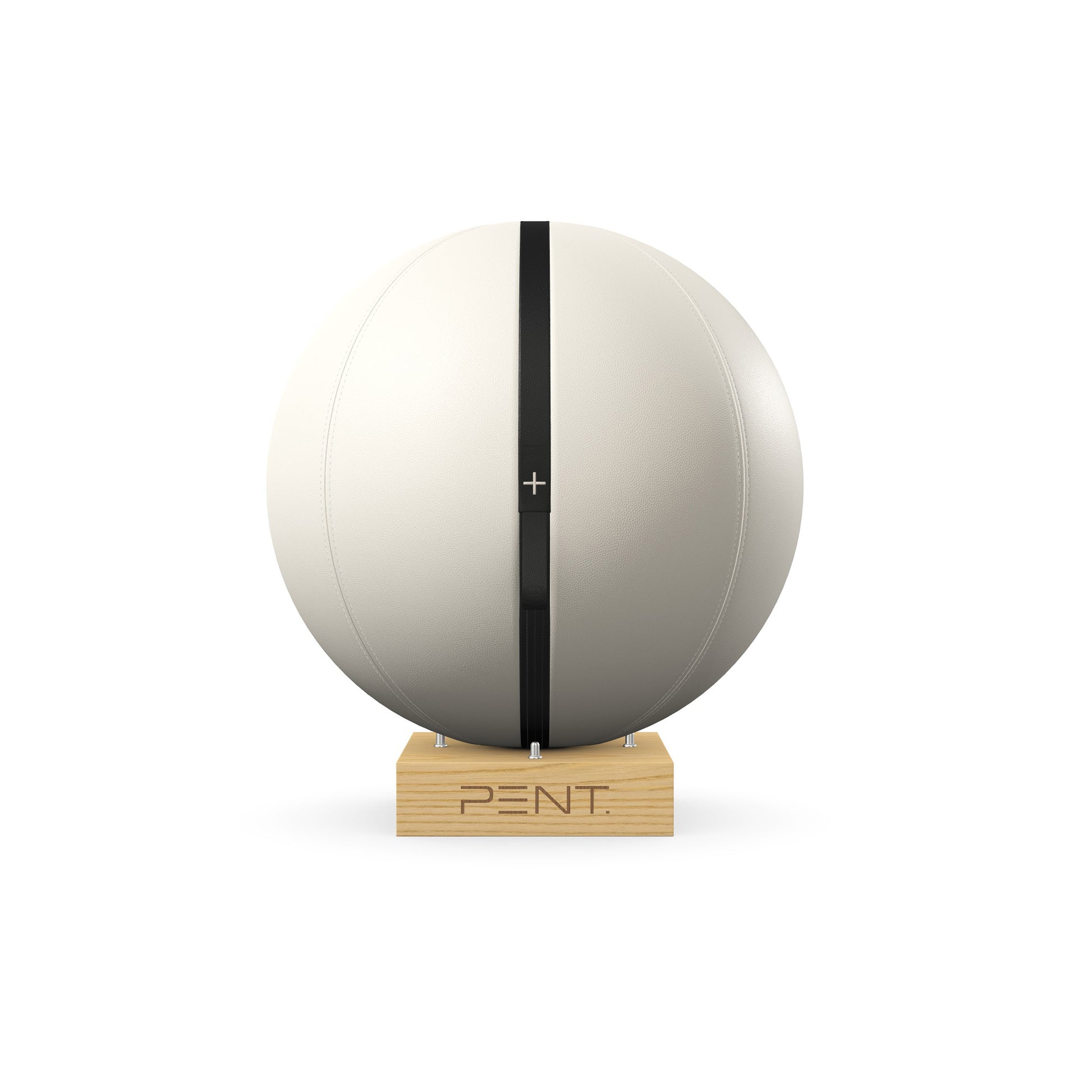 Luxury fitness equipment, fitness ball wrapped in luxurious leather and paired with a compact wooden stand. Customize in white base leather, black accent leather and natural ash wood. PENT. MESNA