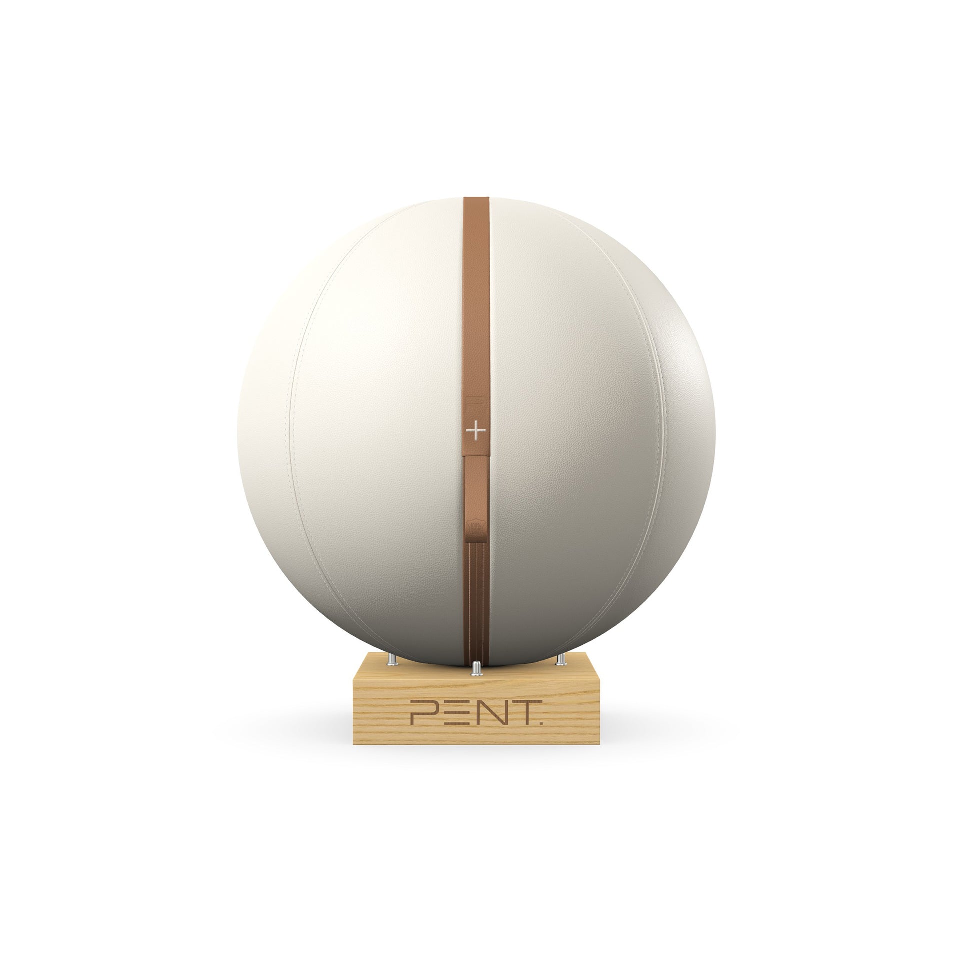 Luxury fitness equipment, fitness ball wrapped in luxurious leather and paired with a compact wooden stand. Customize in white base leather, brown accent leather and natural ash wood. PENT. MESNA